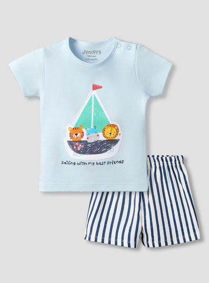 Juniors Crew Neck Short Sleeves T-shirt and Shorts Set with Nautical Applique-baby-boys-clothing-setsandcoords-image-2