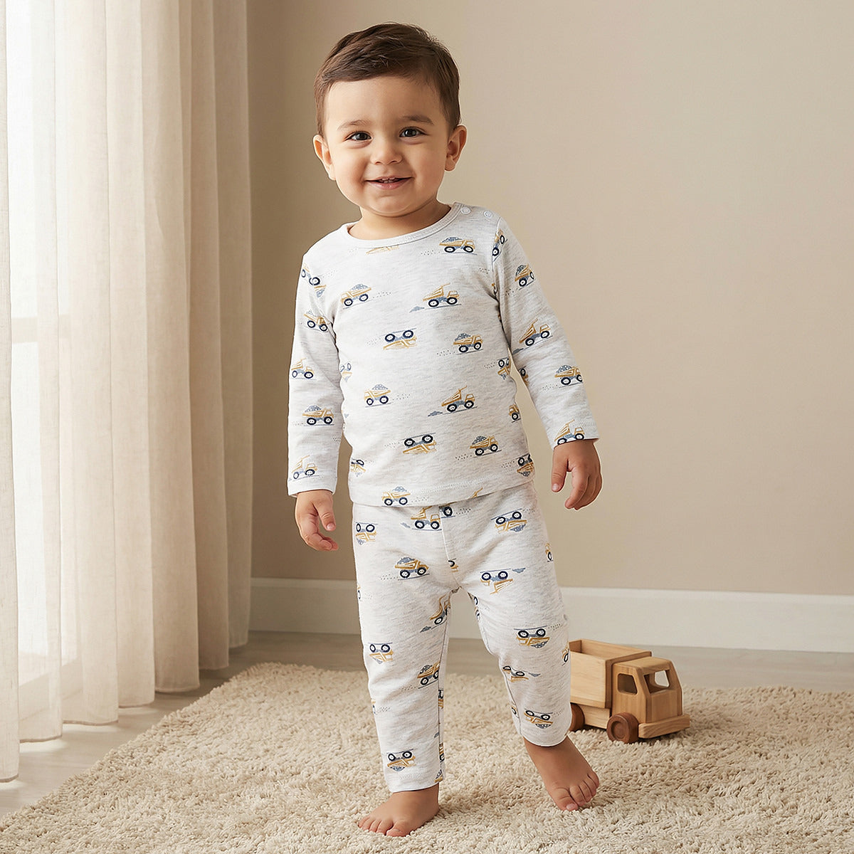 Juniors Pyjama Set with Truck Print - Cotton - Long Sleeves - Grey / 18-24 mths