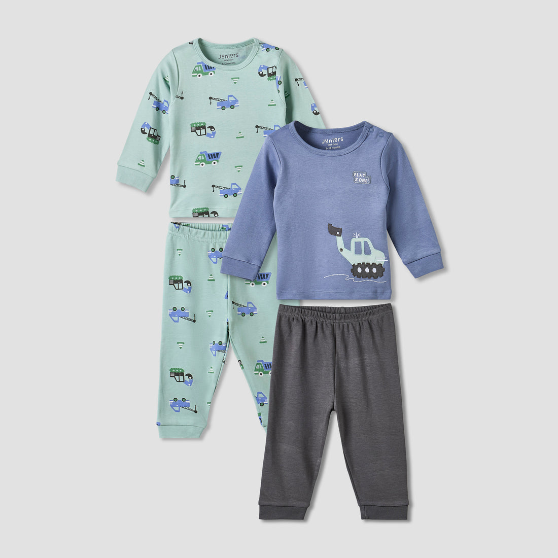 Pack of 2 Juniors Cotton Crew Neck Long Sleeve Pyjama Set with Vehicle Print - Multicolour / 12-18 mths