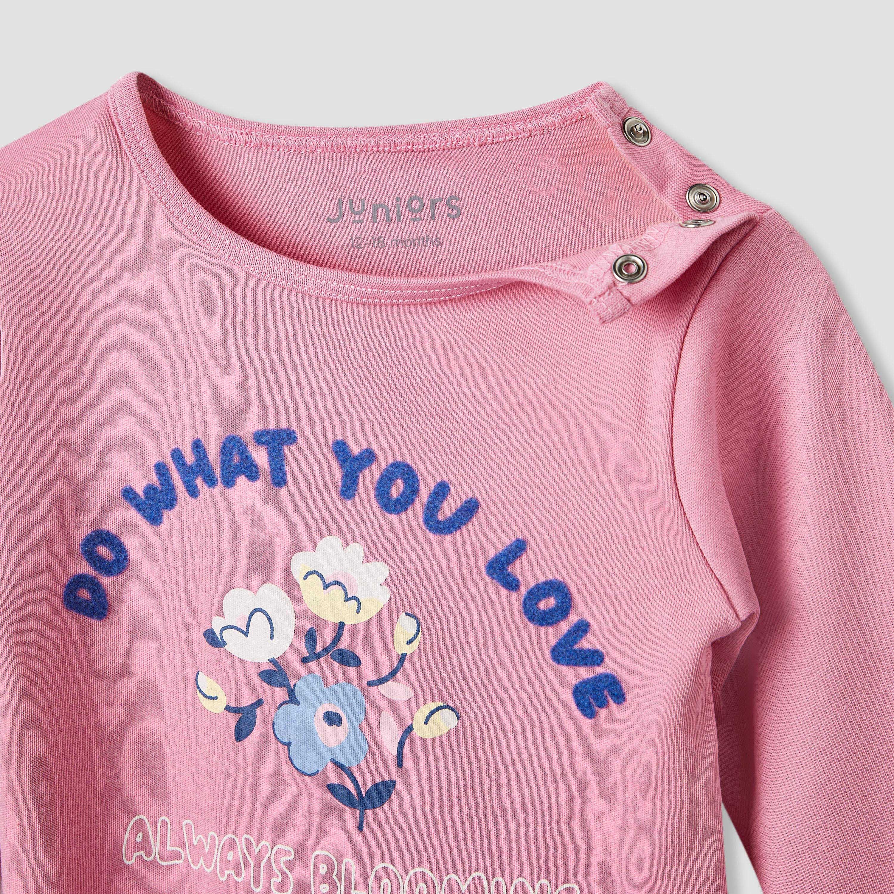 Juniors Embroidered T-shirt and Printed Pyjama Set