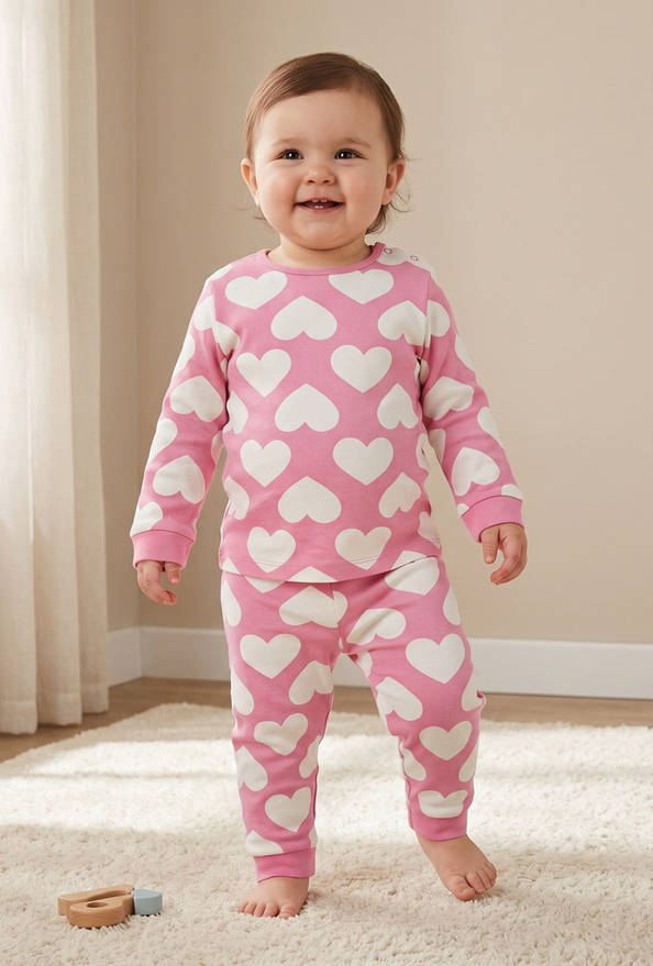 Juniors Heart Print Long Sleeves T-shirt and Pyjama Set