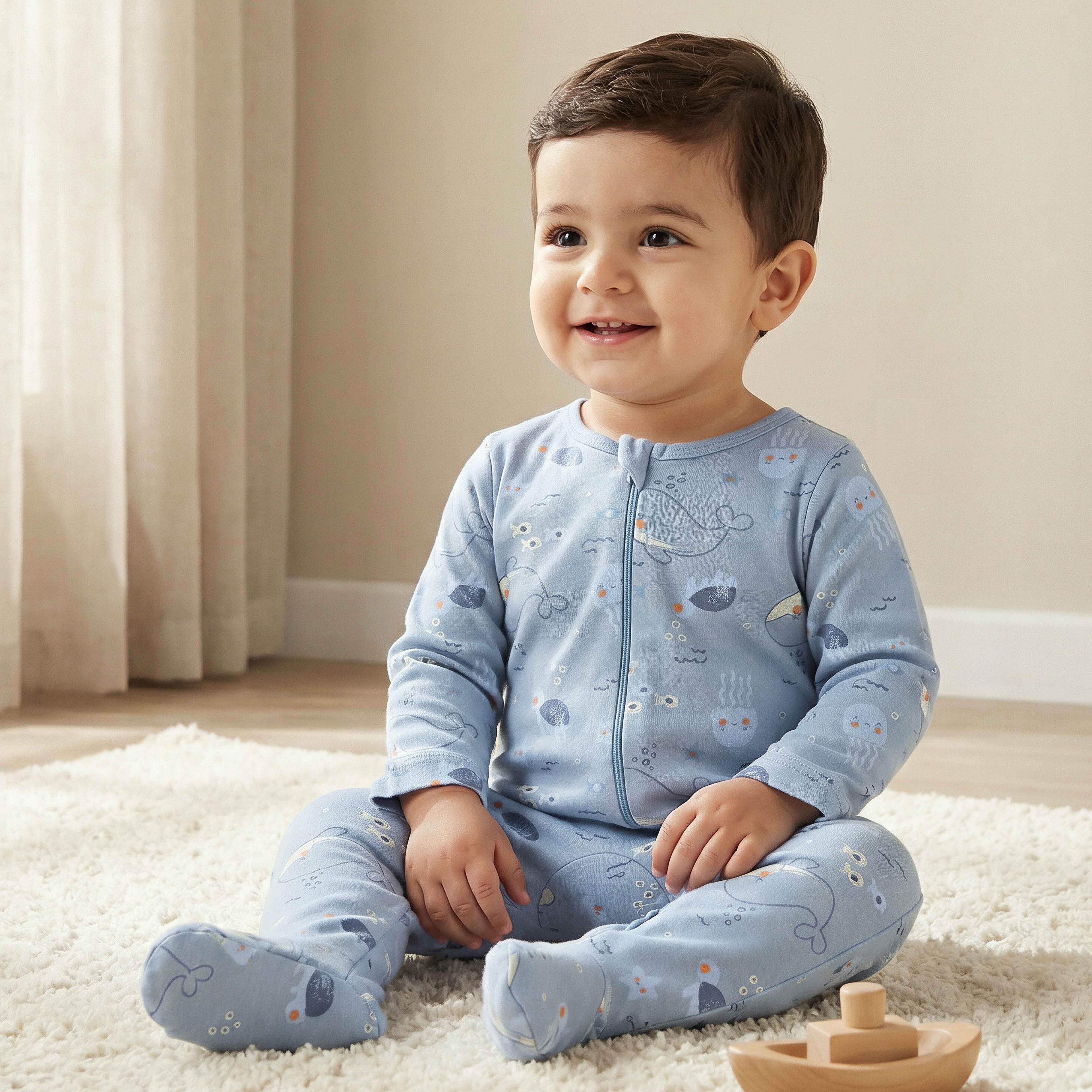 Juniors Whale Print Sleepsuit with Zip Closure and Long Sleeves - Blue / 12-18 mths