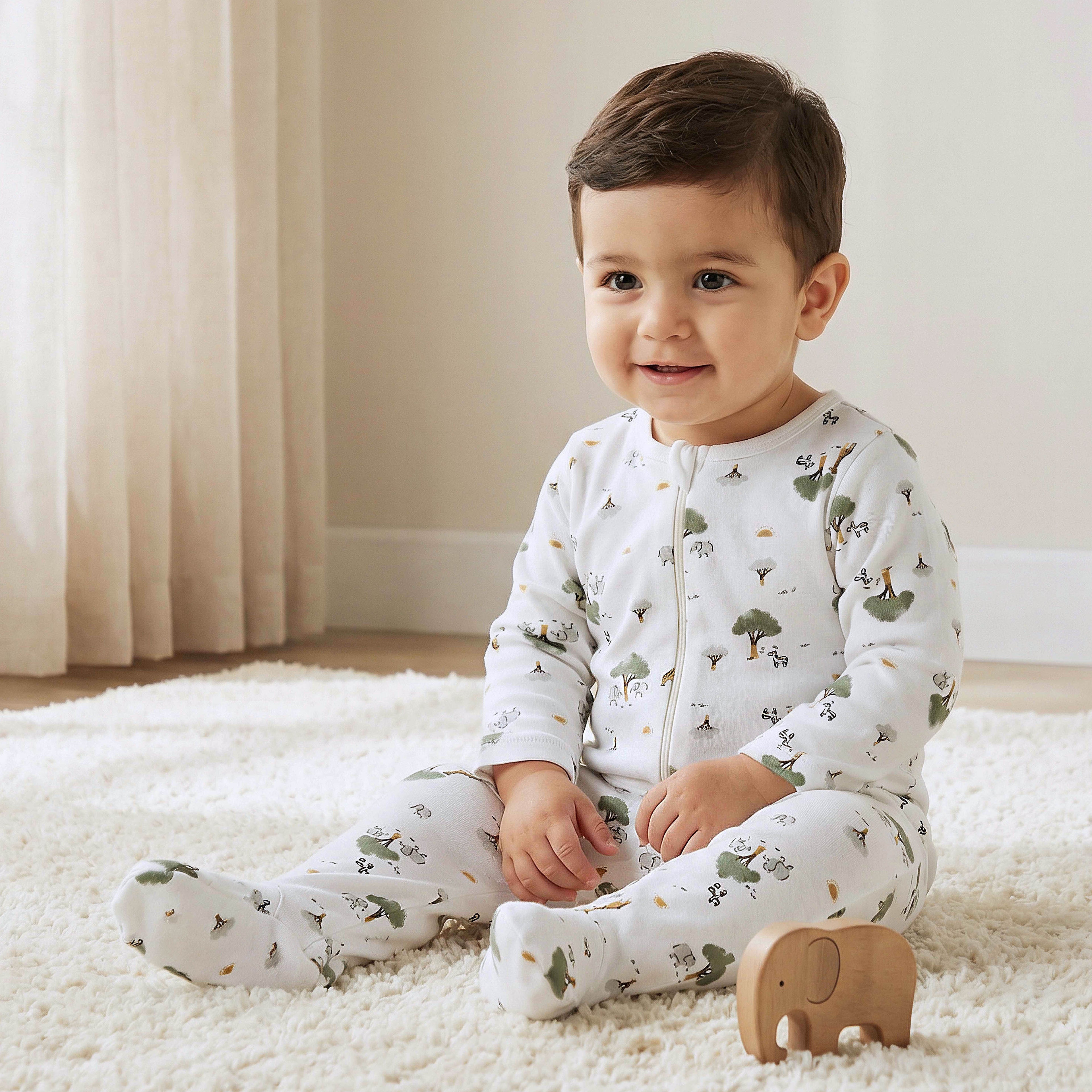 Juniors All-Over Print Closed Feet Sleepsuit with Long Sleeves - White / 12-18 mths