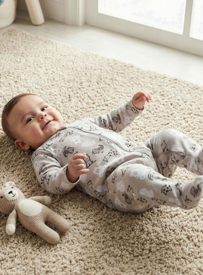 Juniors All-Over Wild Animal Print Closed Feet Sleepsuit with Long Sleeves-baby-boys-clothing-nightwear-sleepsuits-image-1