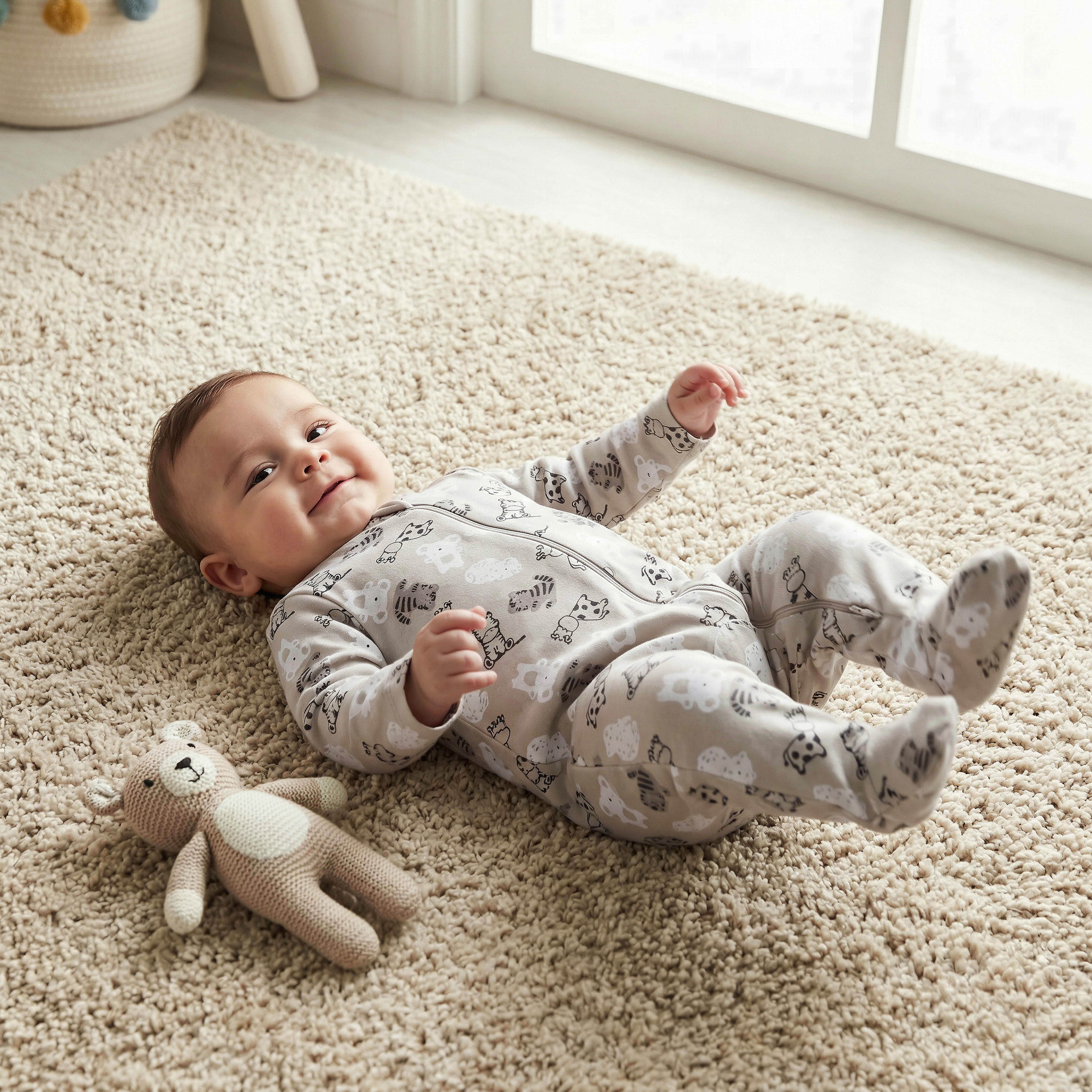 Juniors All-Over Wild Animal Print Closed Feet Sleepsuit with Long Sleeves - Beige / 12-18 mths