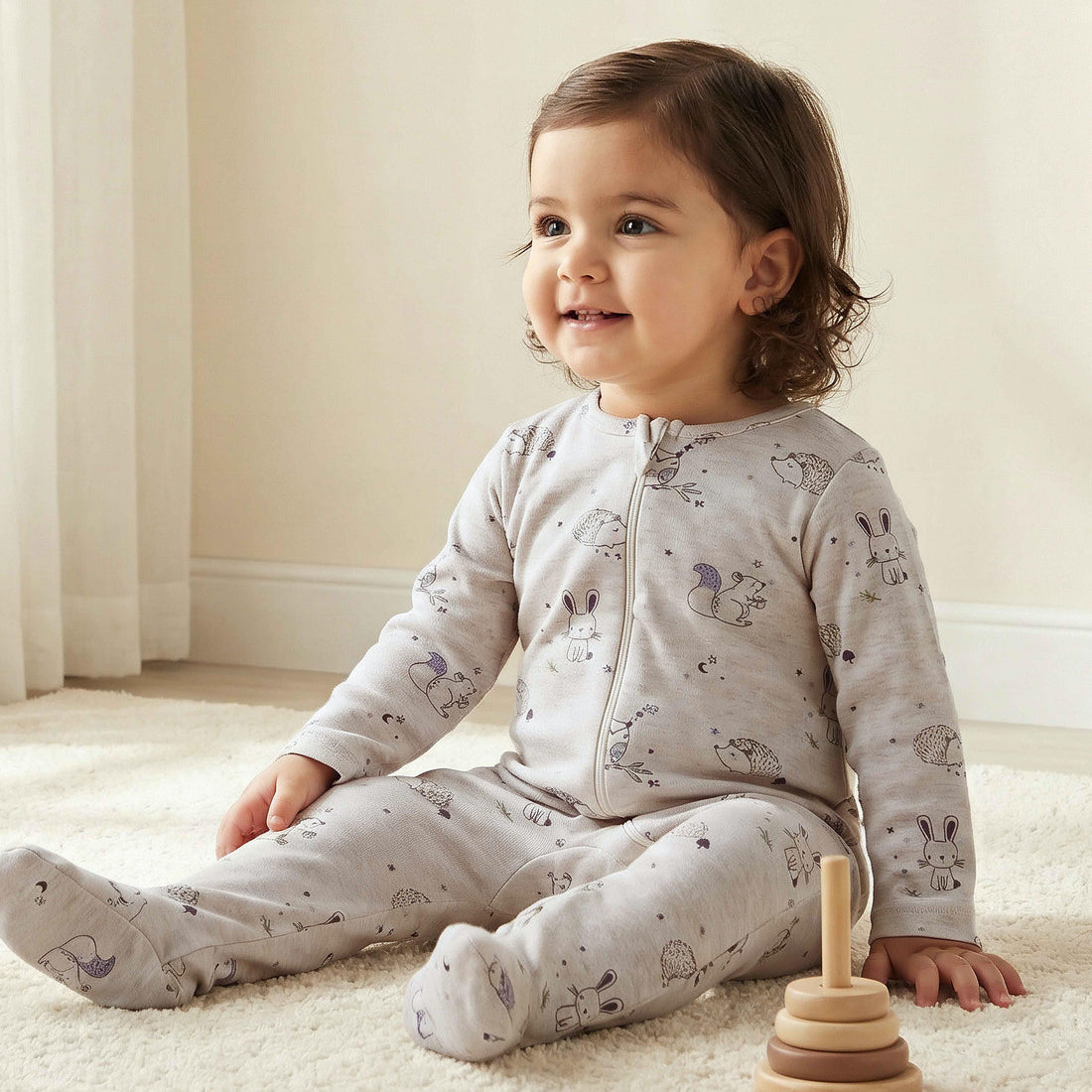 Juniors Printed Sleepsuit with Long Sleeves and Zip Closure - Cream / 12-18 mths