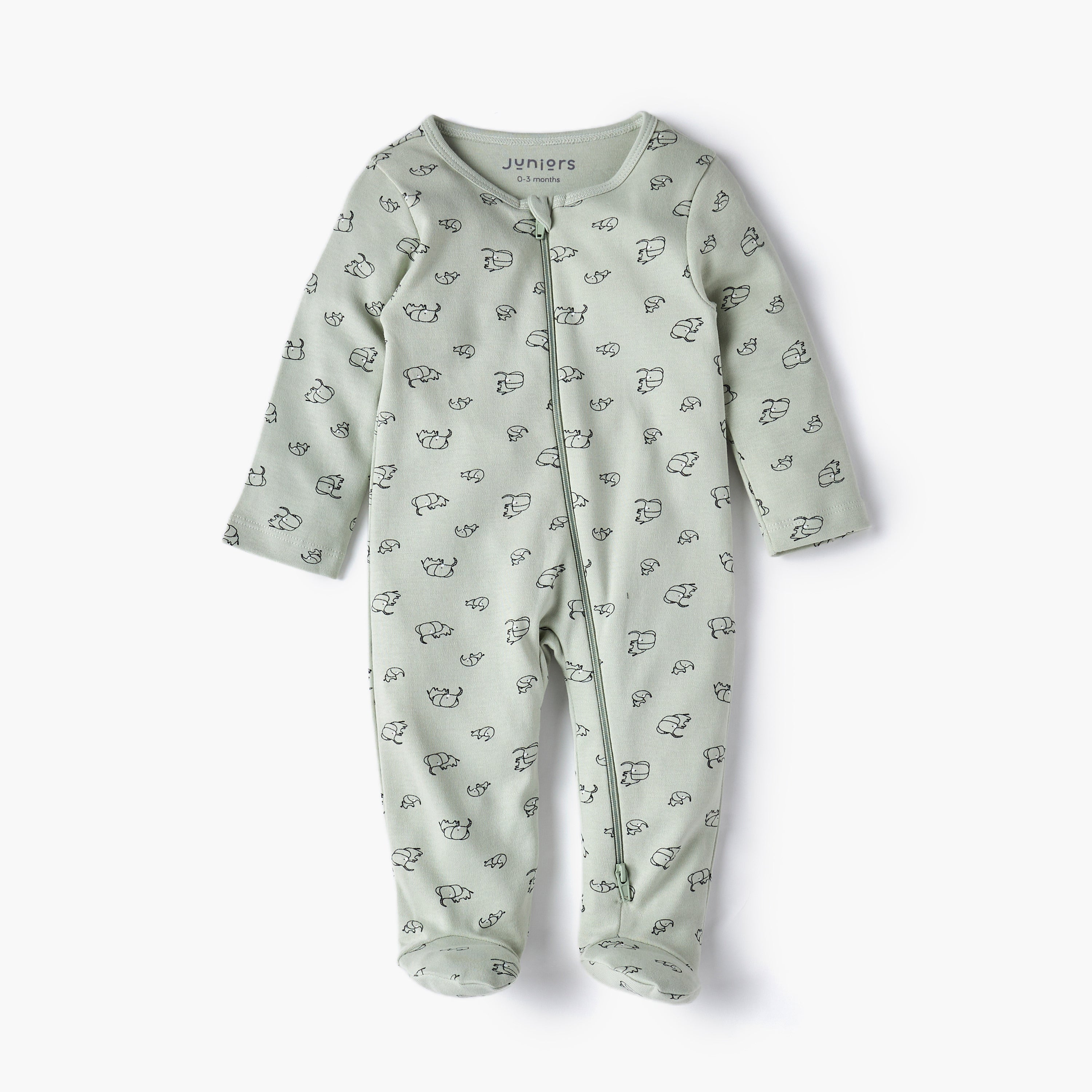 Juniors Elephant Print Sleepsuit with Long Sleeves and Zip Closure - Green / 12-18 mths