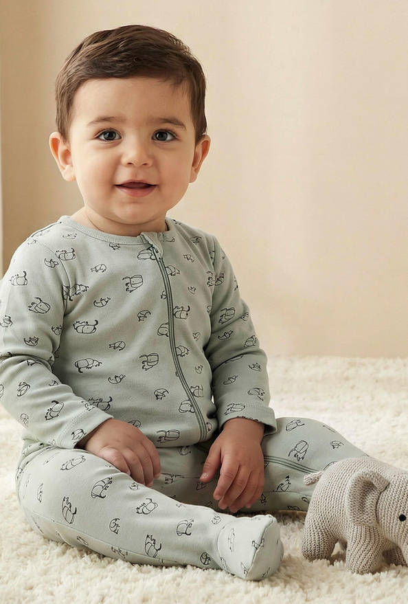 Juniors Elephant Print Sleepsuit with Long Sleeves and Zip Closure