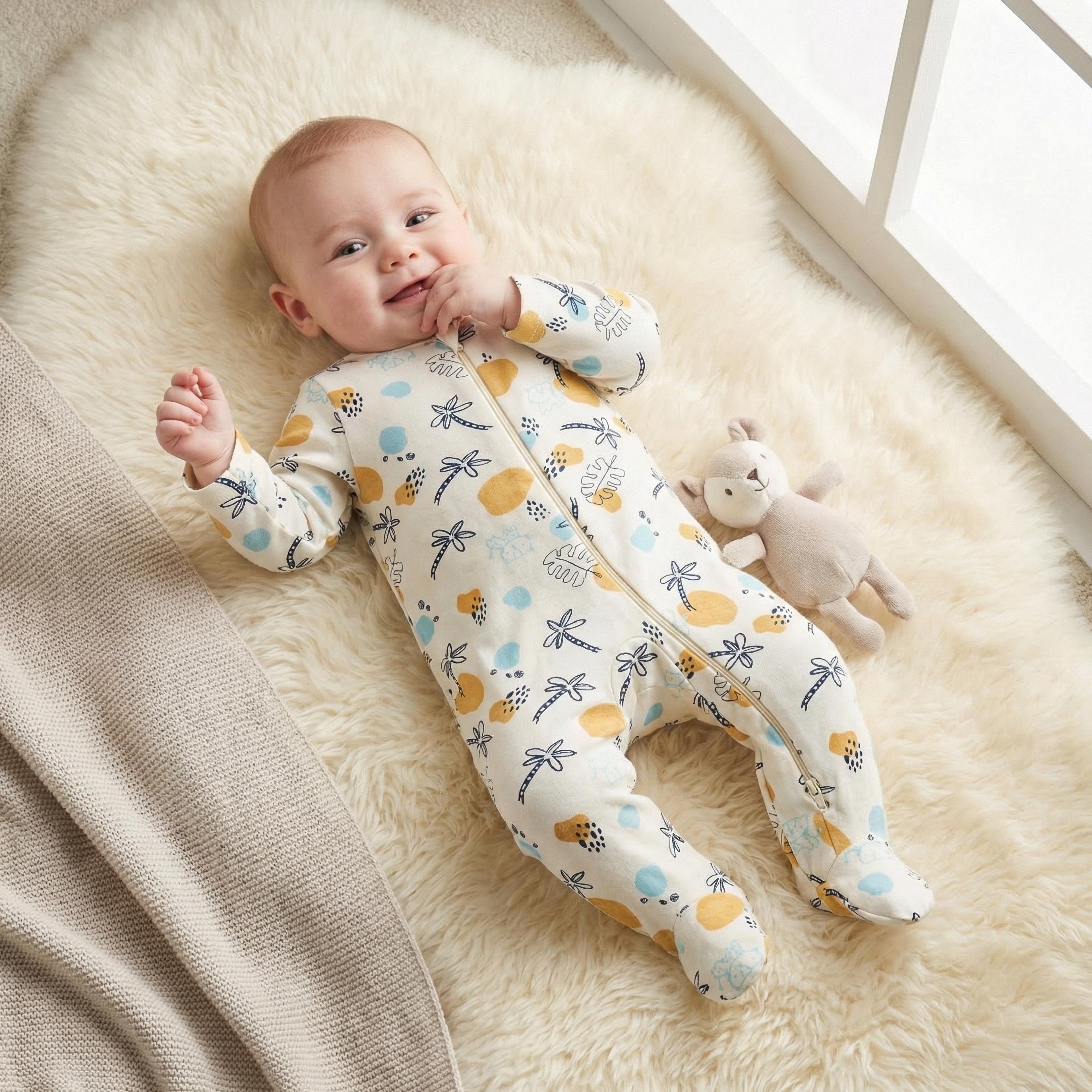 Juniors Printed Sleepsuit with Long Sleeves and Zip Closure - Cream / 12-18 mths