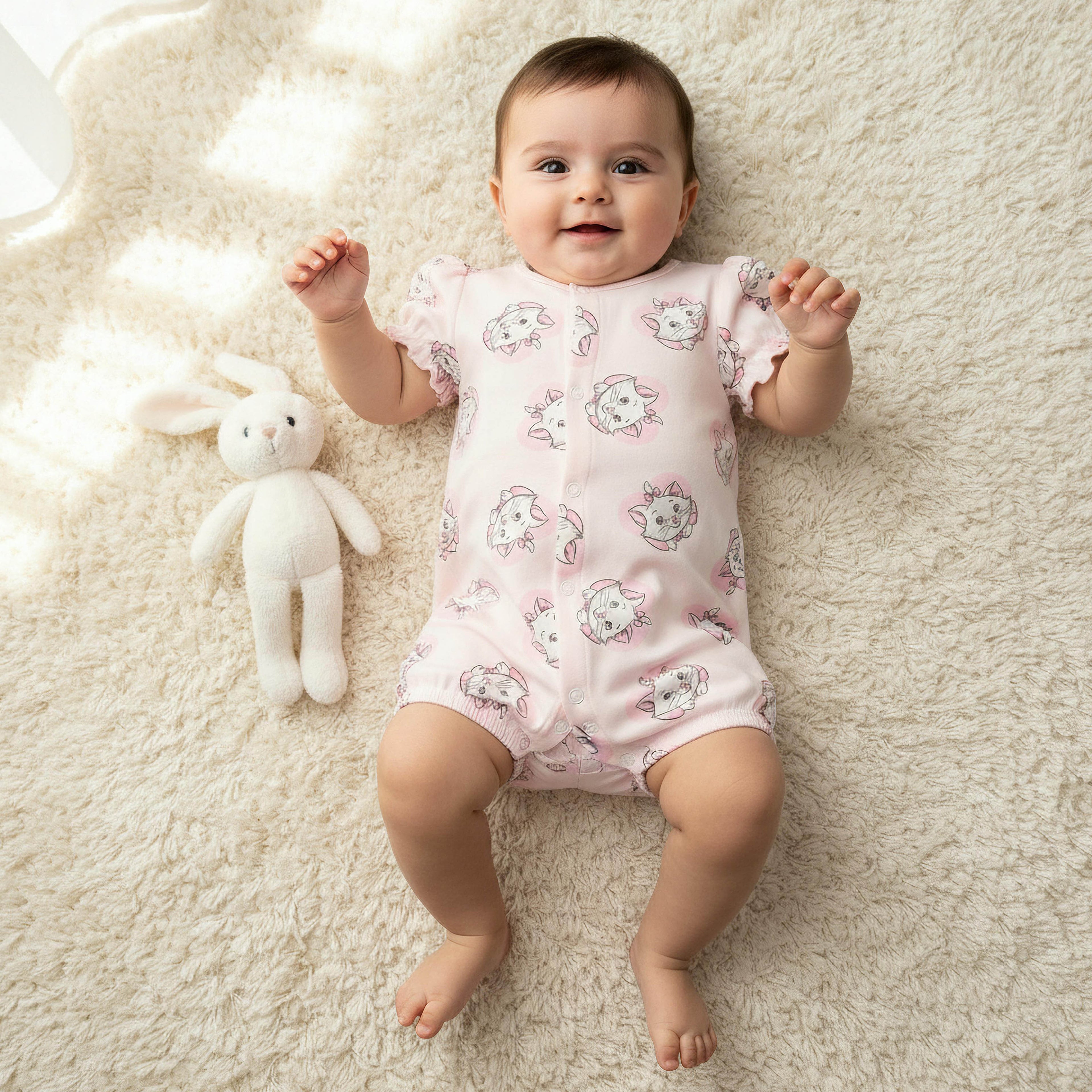 Disney Round Neck Short Sleeves Romper with Marie Print