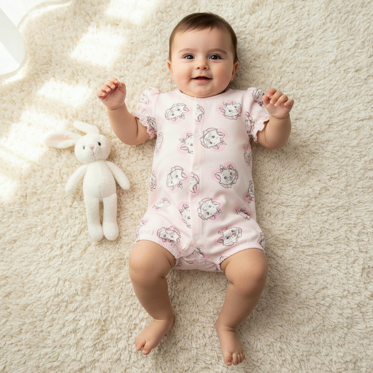 Disney Round Neck Short Sleeves Romper with Marie Print