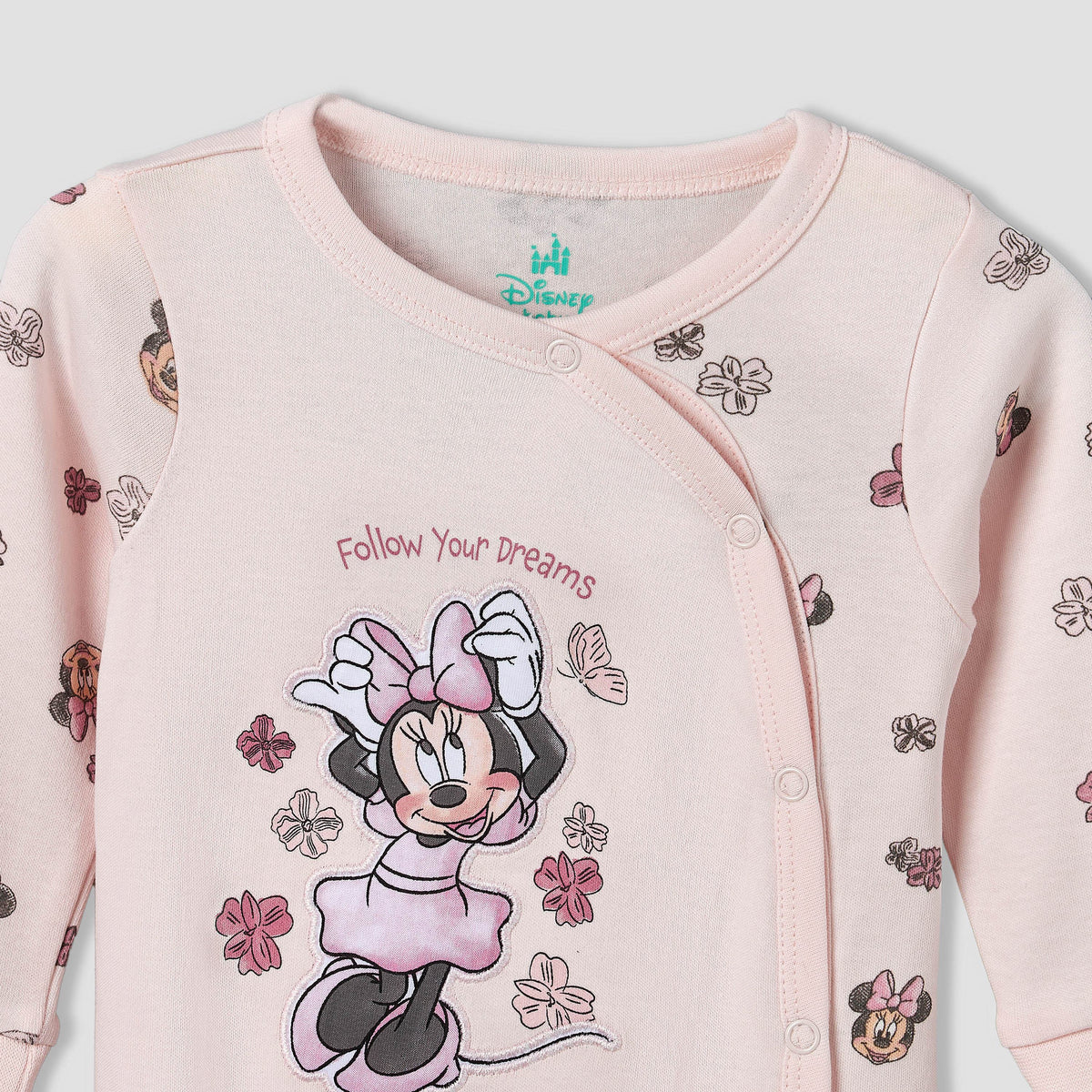Disney Cotton Crew Neck Long Sleeves Sleepsuit with Minnie Mouse Applique