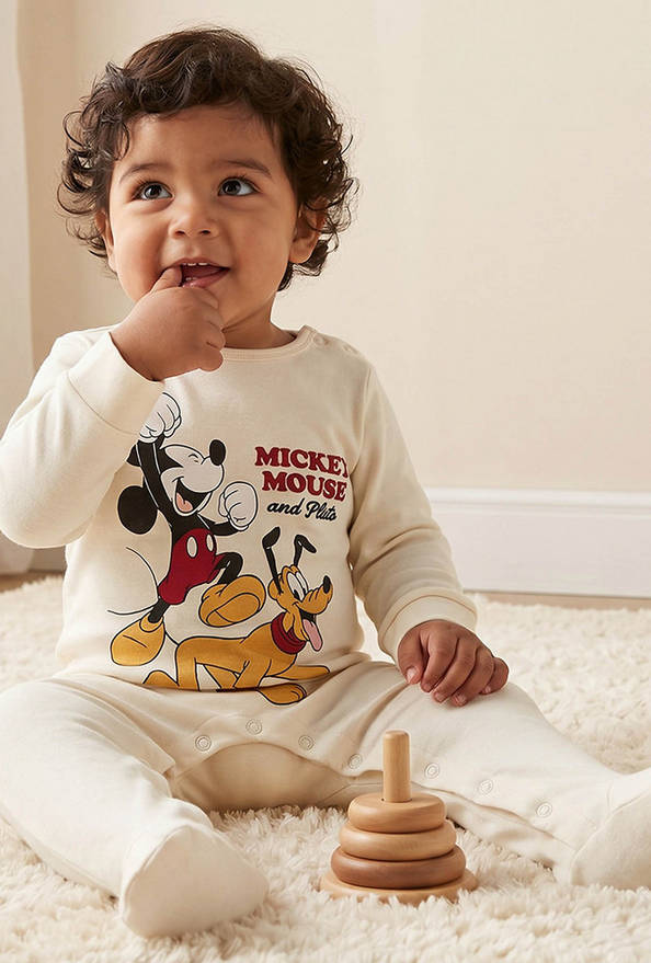 Disney Cotton Crew Neck Long Sleeves Sleepsuit with Mickey Mouse Print