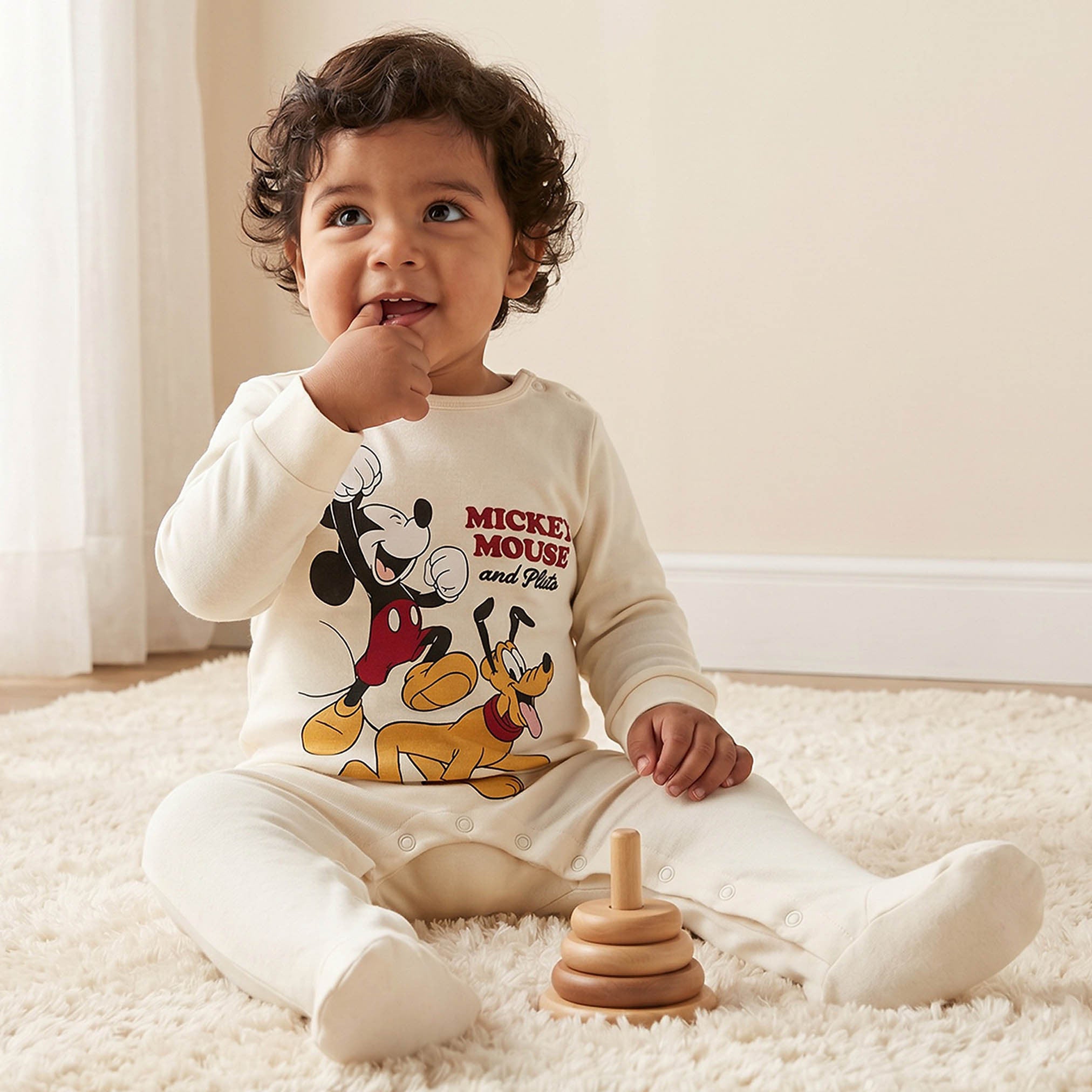 Disney Cotton Crew Neck Long Sleeves Sleepsuit with Mickey Mouse Print - Cream / 12-18 mths