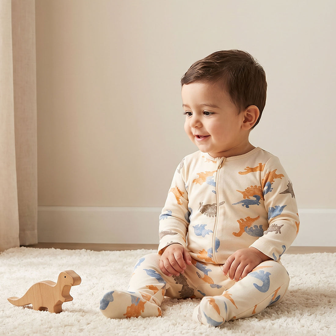 Juniors Round Neck Footed Sleepsuit with Dinosaur Print - Cotton - Long Sleeves - Orange / 12-18 mths