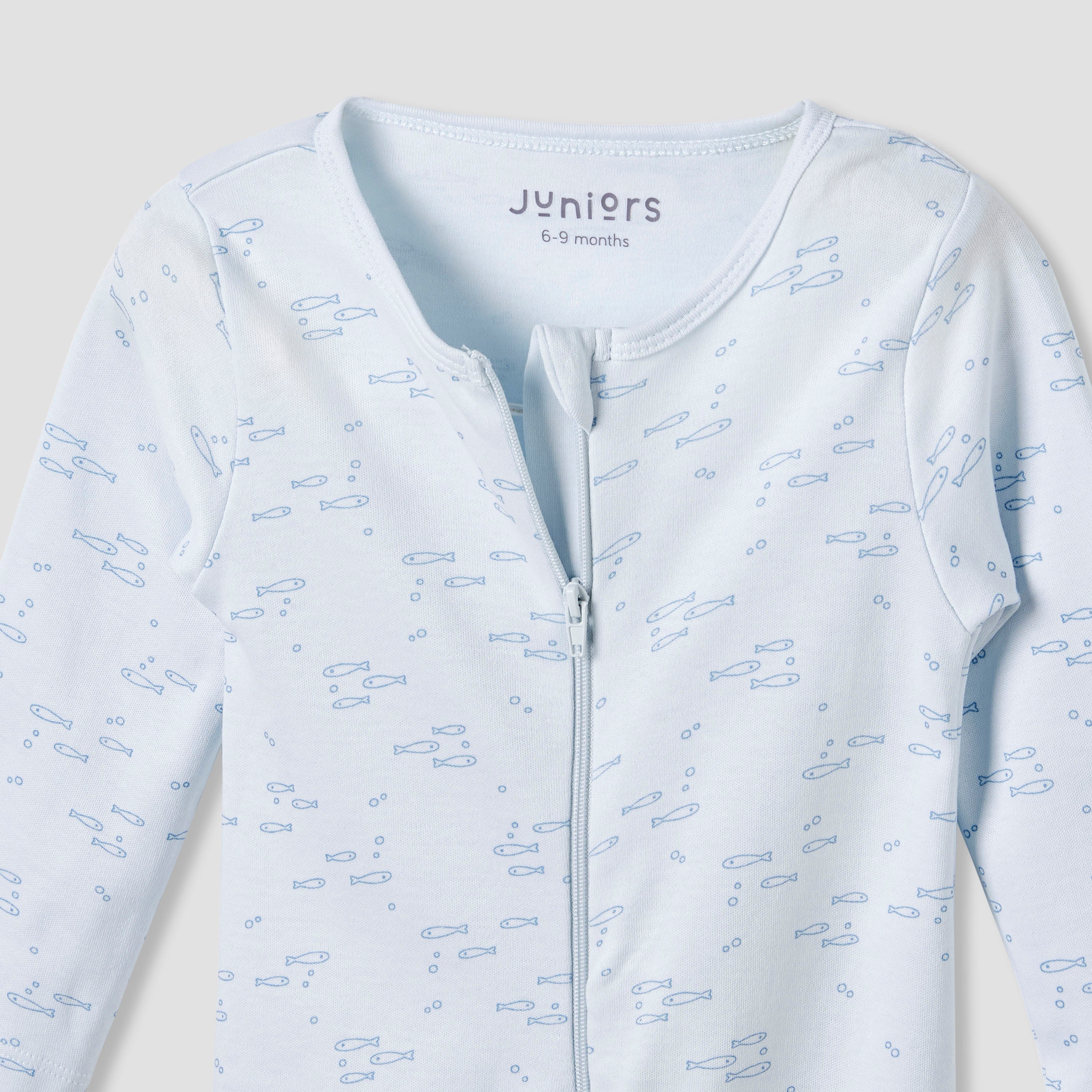 Juniors Round Neck Footed Sleepsuit with Fish Print - Cotton - Long Sleeves