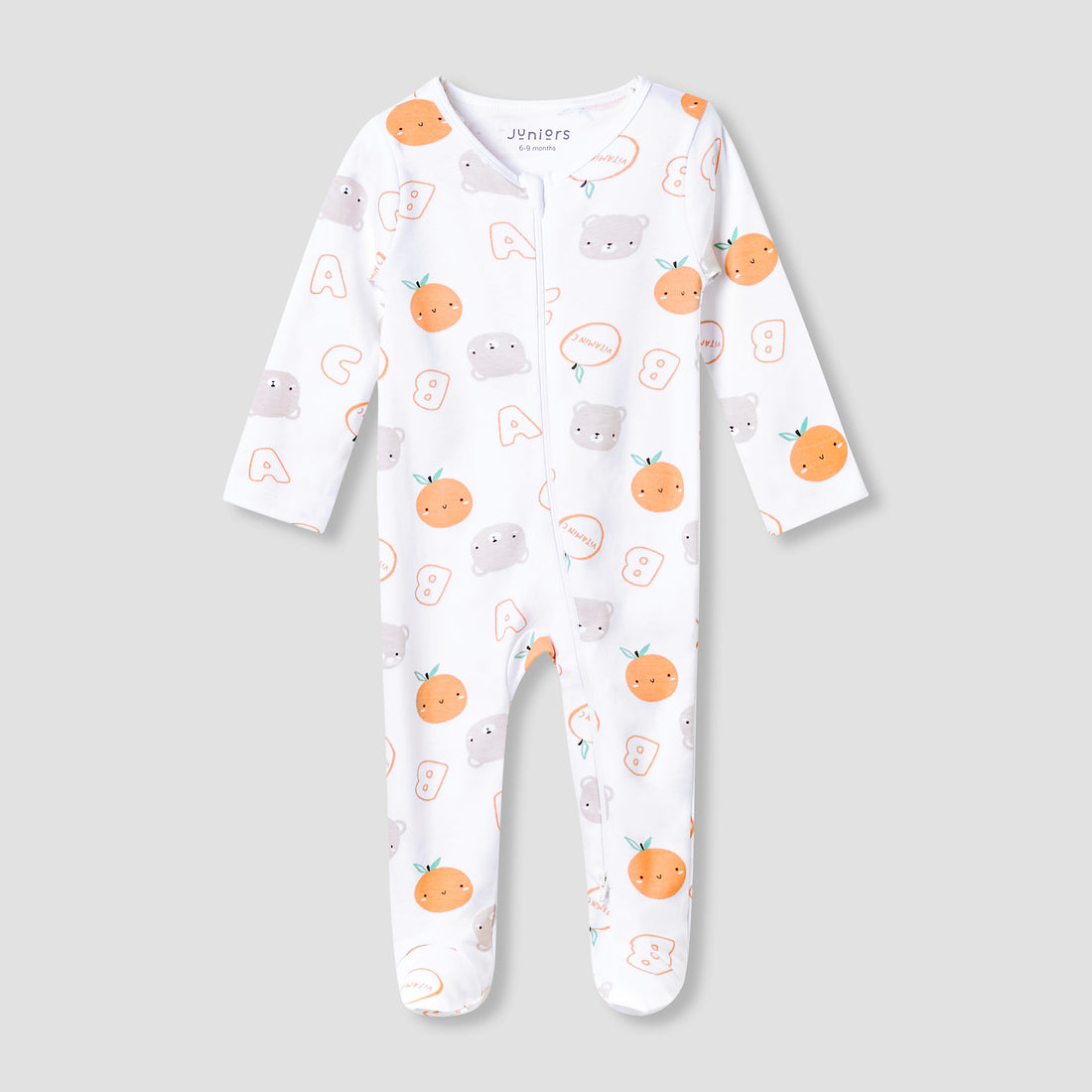 Juniors Round Neck Footed Sleepsuit with Fun Print - Cotton - Long Sleeves - White / 12-18 mths