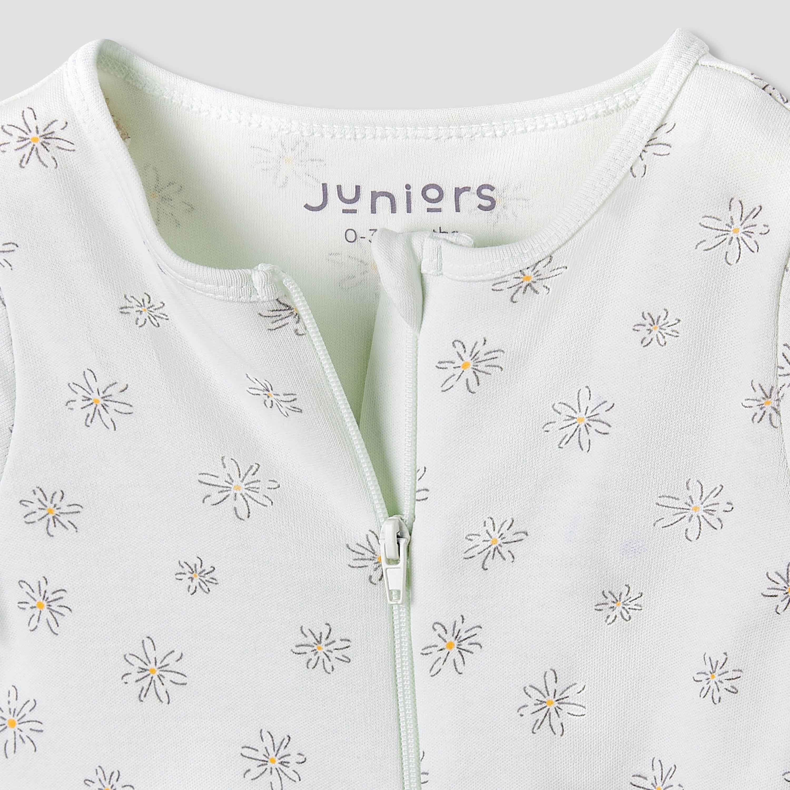 Juniors Round Neck Footed Sleepsuit with Floral Print - Cotton - Long Sleeves