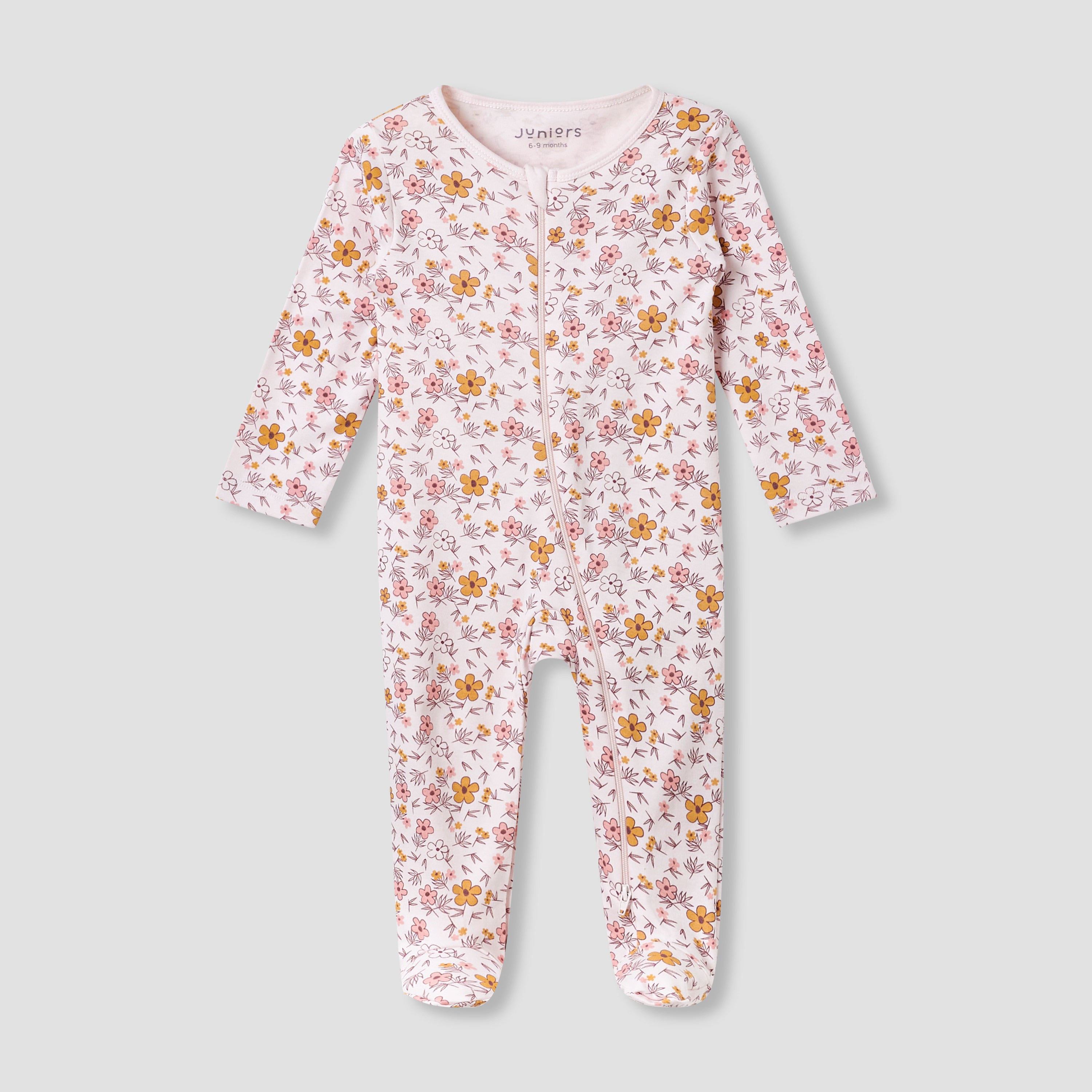 Juniors Round Neck Footed Sleepsuit with Floral Print - Cotton - Long Sleeves - Pink / 12-18 mths