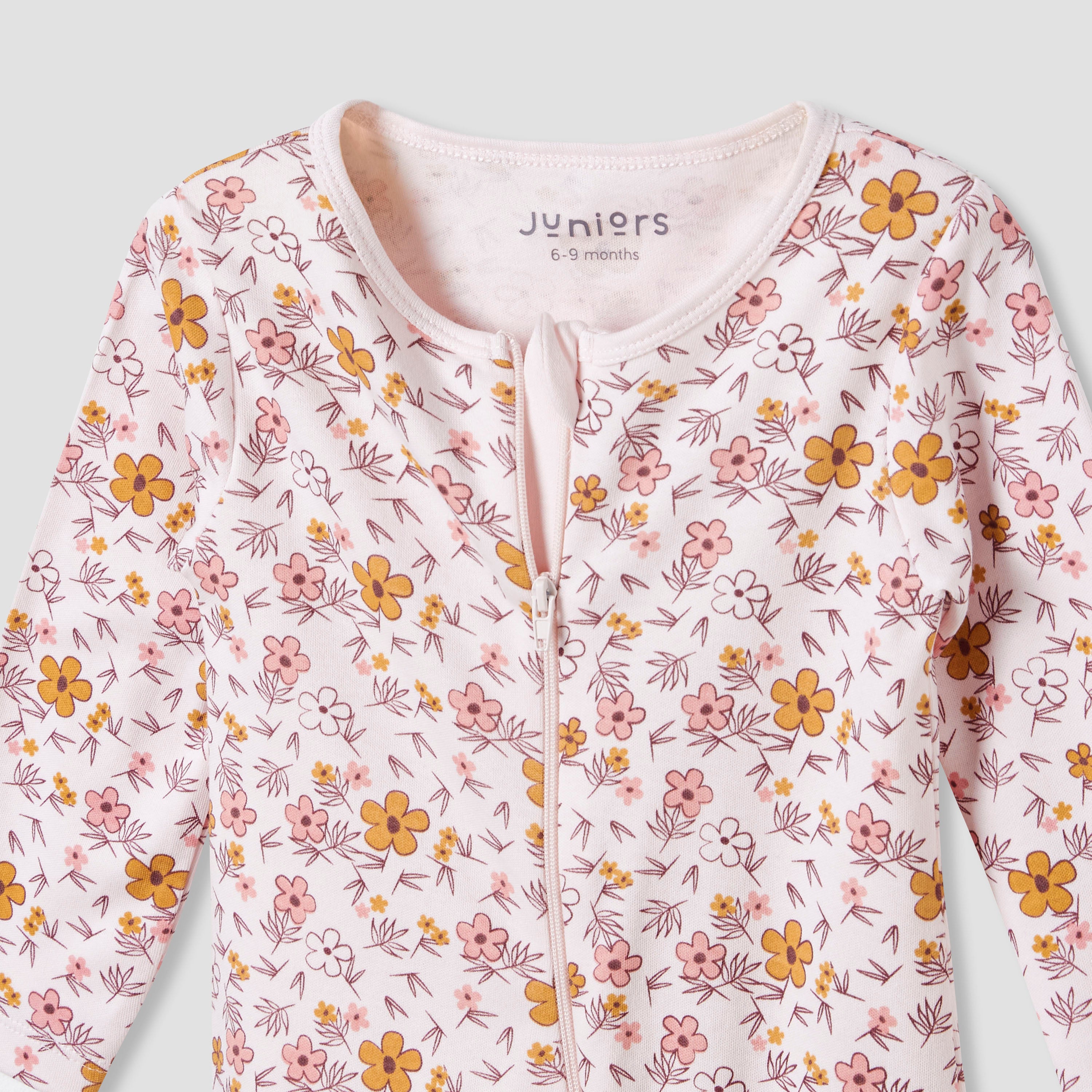 Juniors Round Neck Footed Sleepsuit with Floral Print - Cotton - Long Sleeves