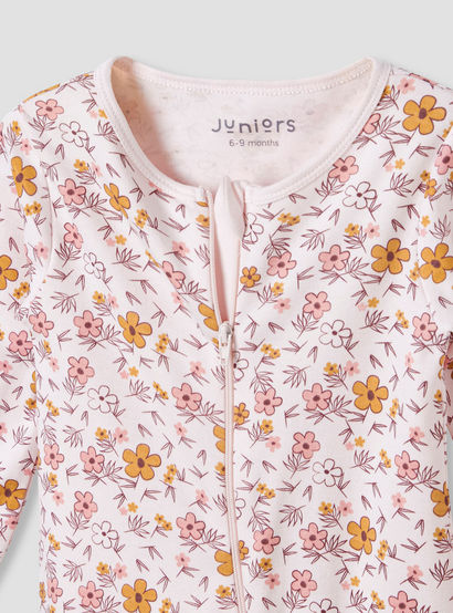 Juniors Round Neck Footed Sleepsuit with Floral Print - Cotton - Long Sleeves-baby-girls-clothing-nightwear-sleepsuits-image-3