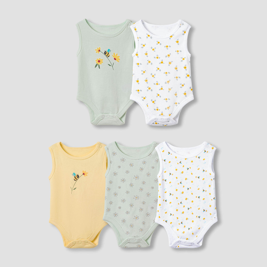 Pack of 5 Juniors Cotton Round Neck Sleeveless Bodysuit with Floral Print - Multicolour / 18-24 mths