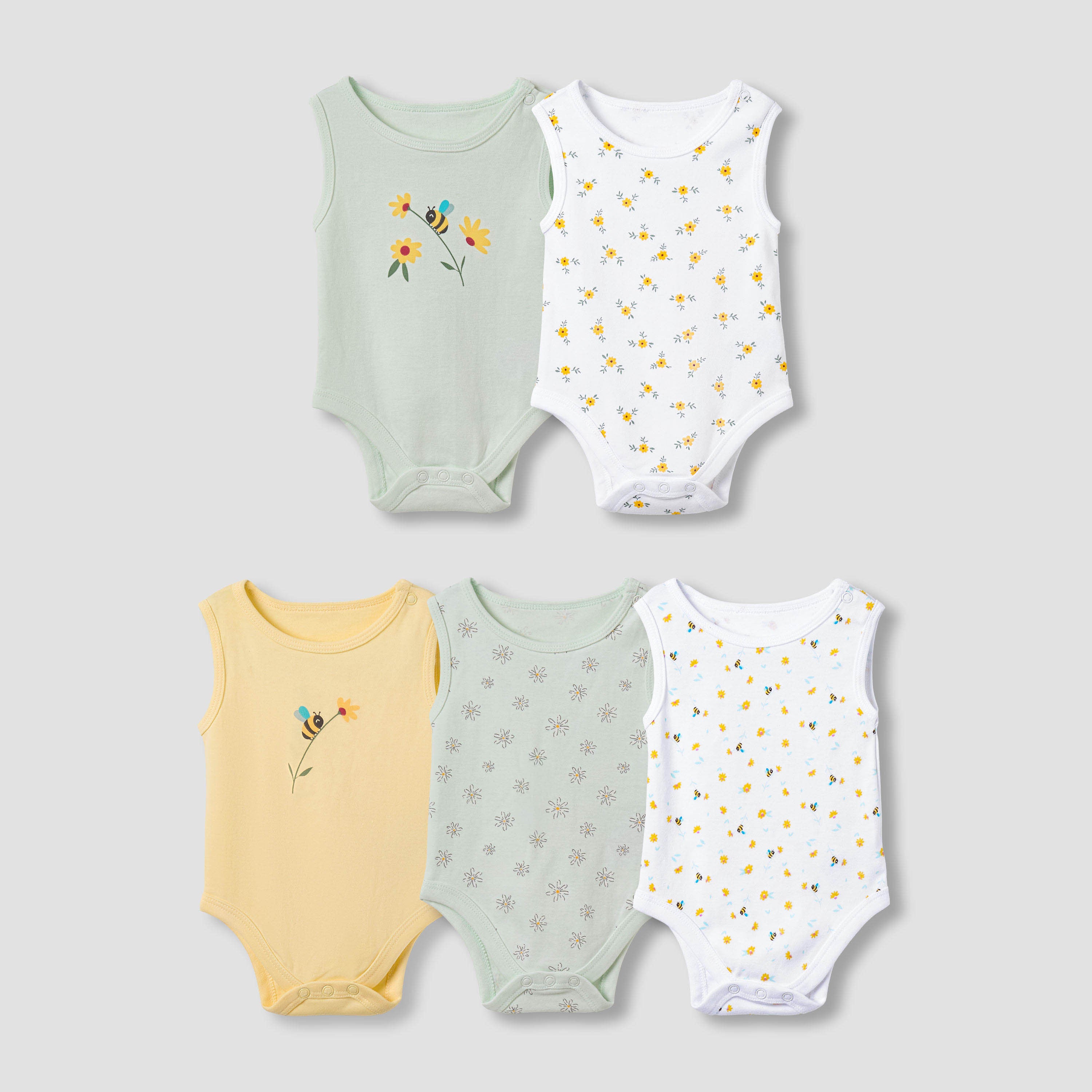 Pack of 5 Juniors Cotton Round Neck Sleeveless Bodysuit with Floral Print - Multicolour / 18-24 mths
