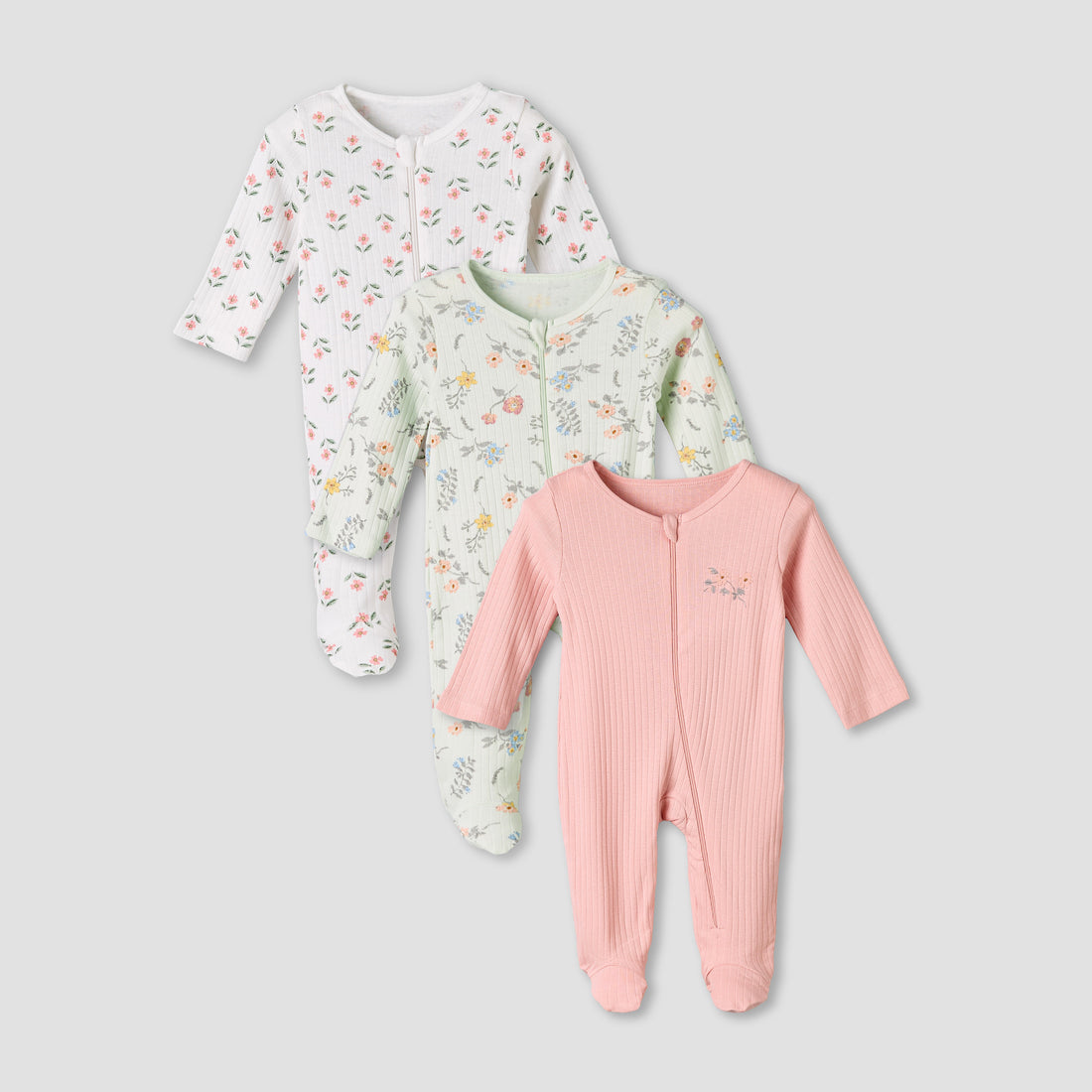 Pack of 3 Juniors Cotton Round Neck Long Sleeves Sleepsuit with Zip Closure - Multicolour / 12-18 mths