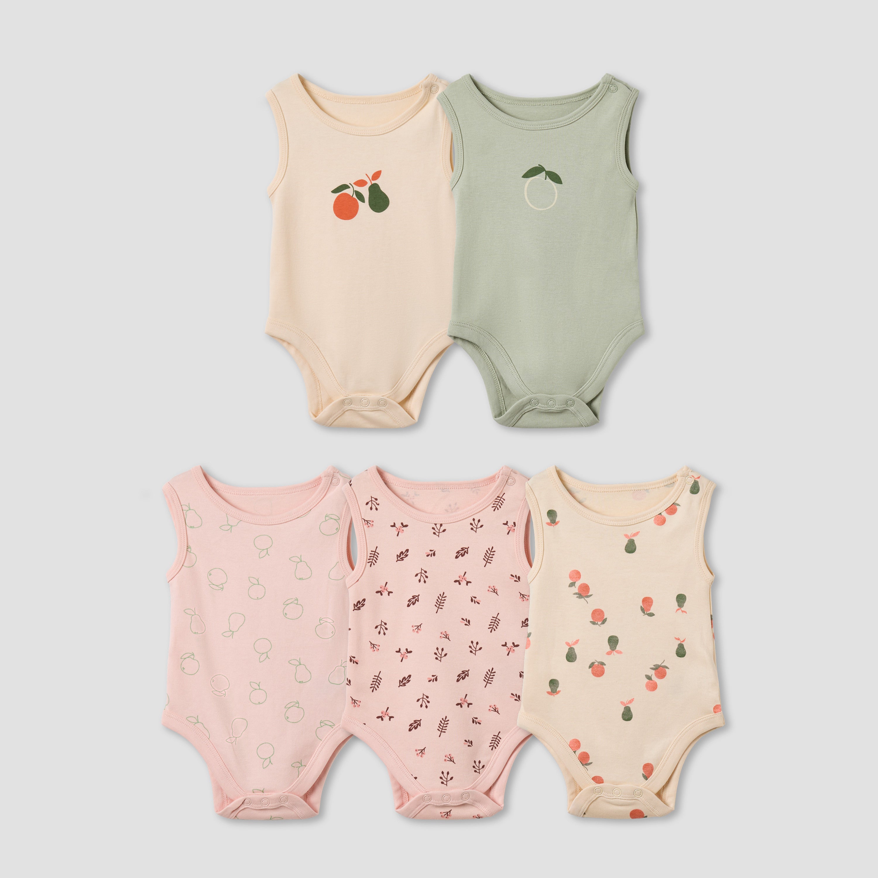 Pack of 5 Juniors Cotton Round Neck Sleeveless Bodysuit with Fruit Print