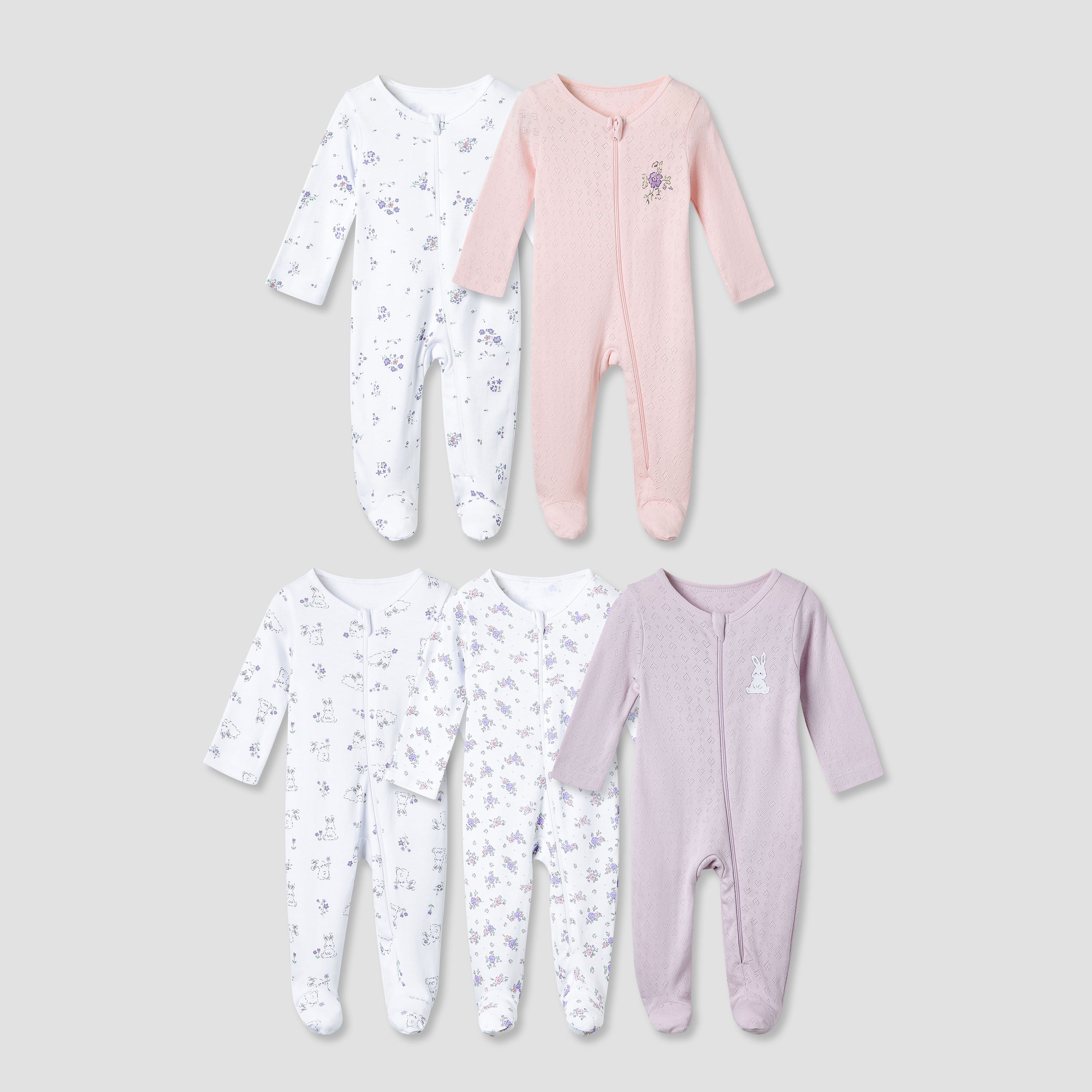 Juniors Cotton Round Neck Long Sleeves Sleepsuit with Fun Print, Set of 5 - Multicolour / 12-18 mths
