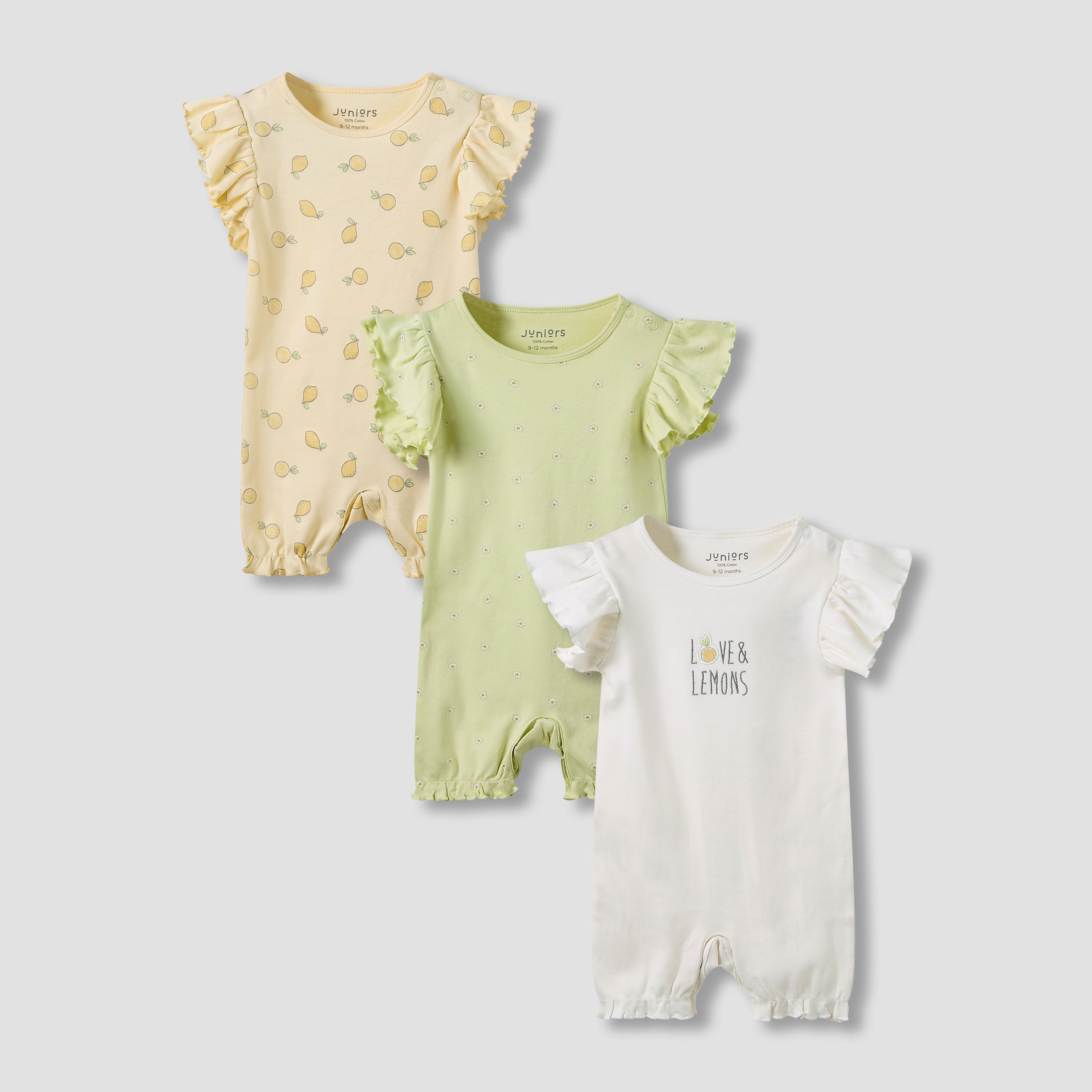 Juniors Crew Neck Romper with Print - Cotton - Short Sleeves - Set of 3 - Multicolour / 12-18 mths