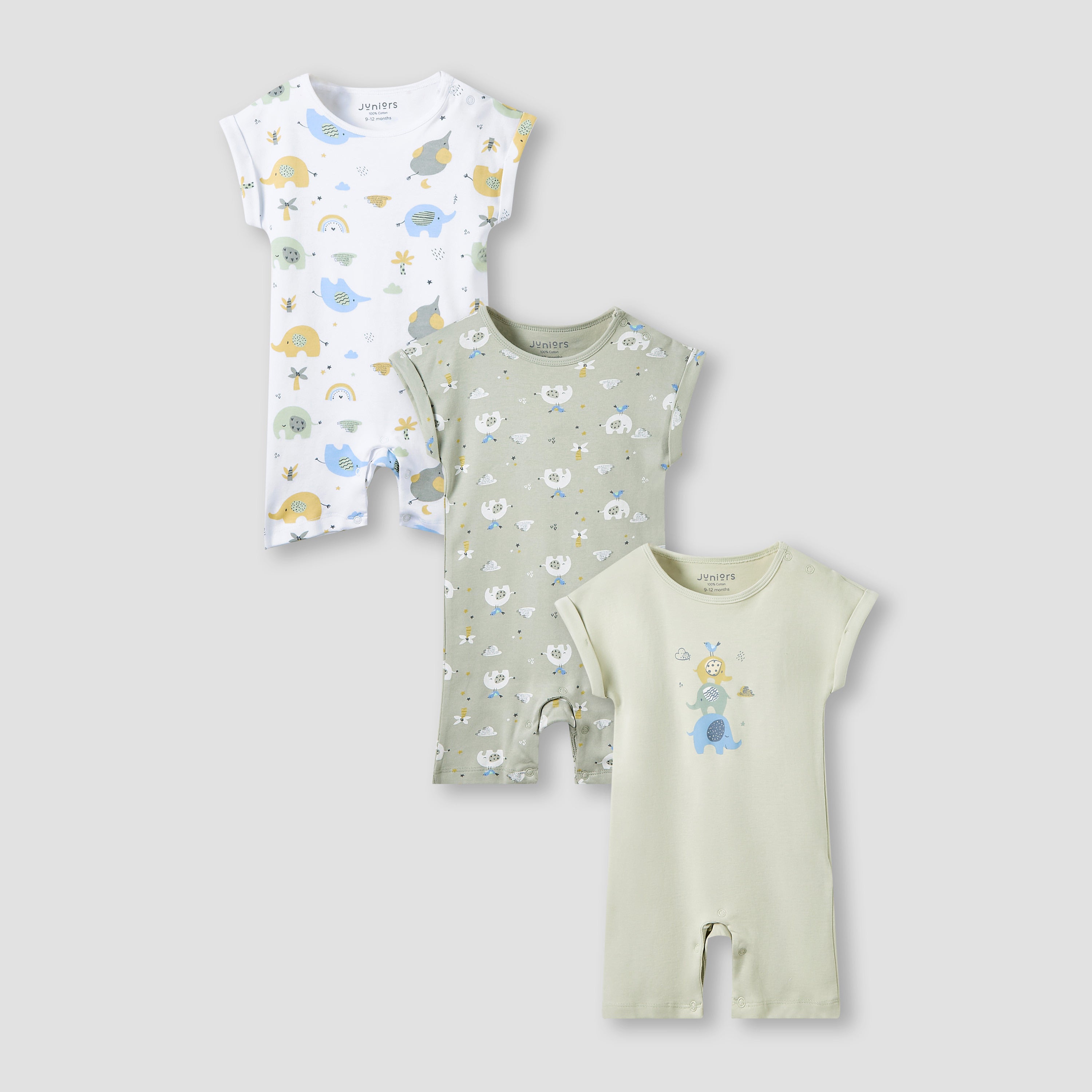 Juniors Crew Neck Romper with Print - Cotton - Short Sleeves - Set of 3 - Multicolour / 12-18 mths