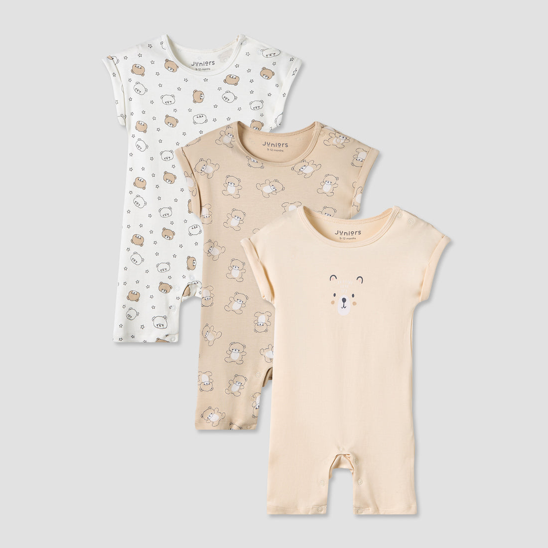 Juniors Crew Neck Romper with Print - Cotton - Short Sleeves - Set of 3