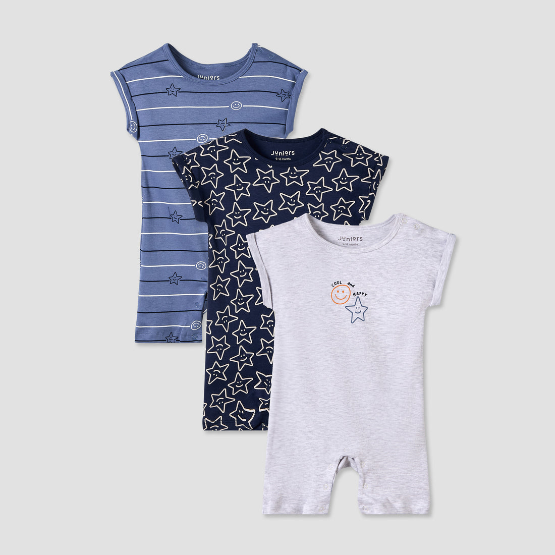 Juniors Crew Neck Romper with Print - Cotton - Short Sleeves - Set of 3 - Blue / 12-18 mths