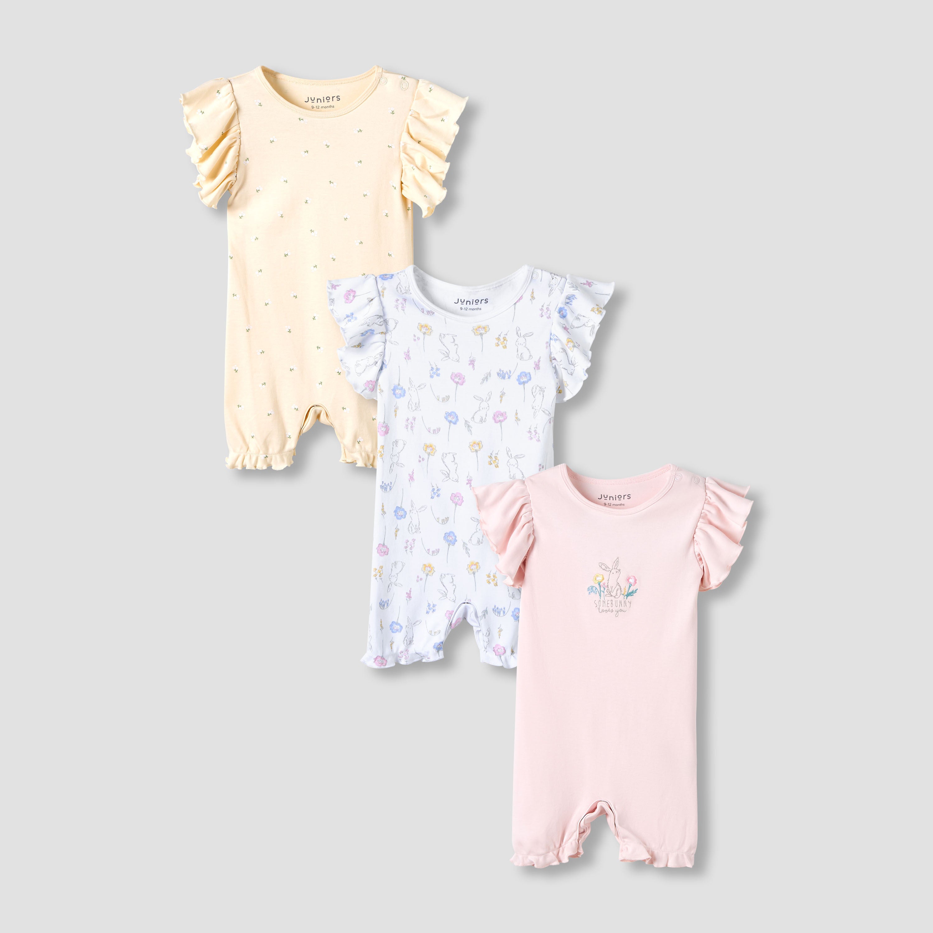 Juniors Crew Neck Romper with Print - Cotton - Short Sleeves - Set of 3 - Multicolour / 12-18 mths