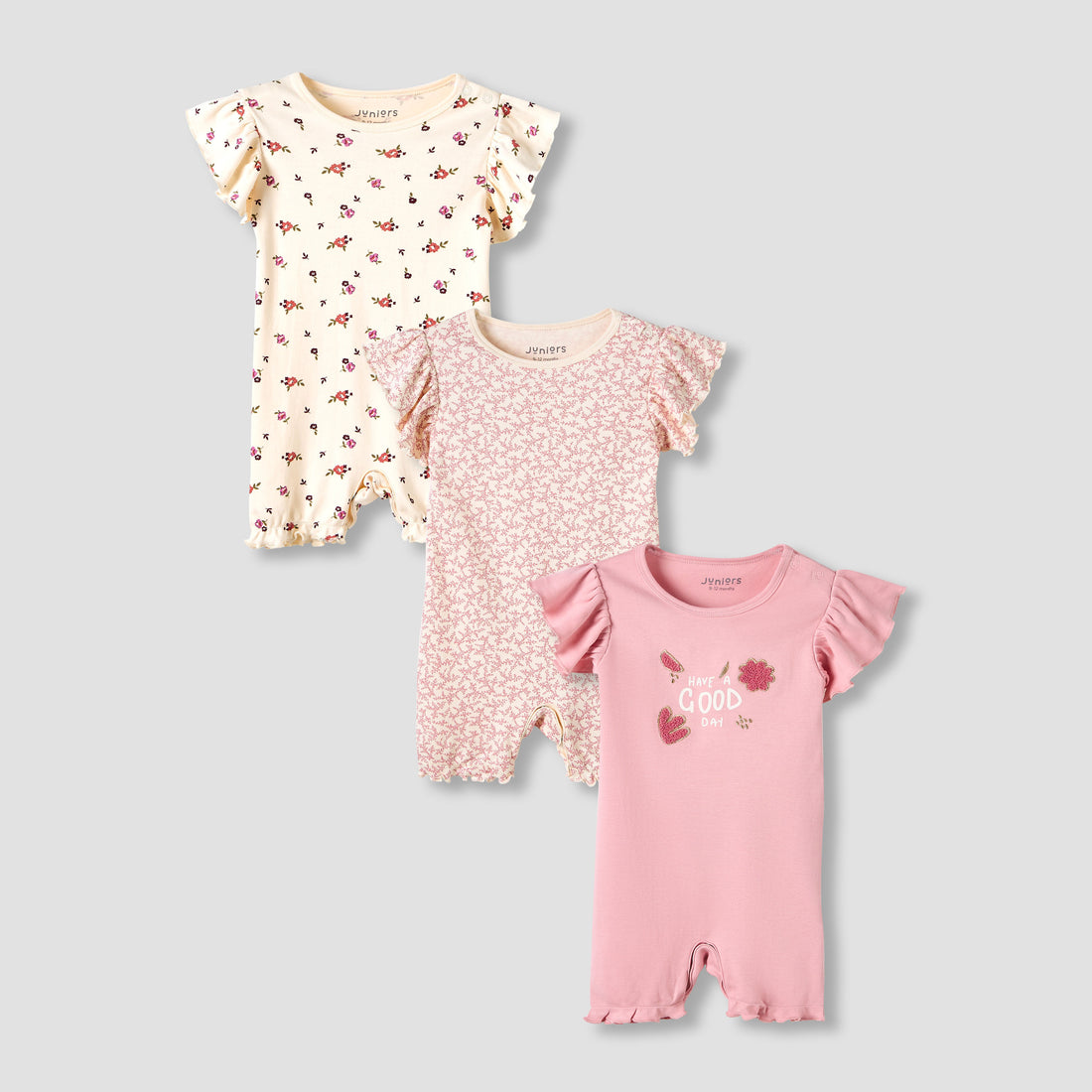 Juniors Crew Neck Romper with Snap Button Closure - Cotton - Cap Sleeves - Set of 3 - Multicolour / 12-18 mths