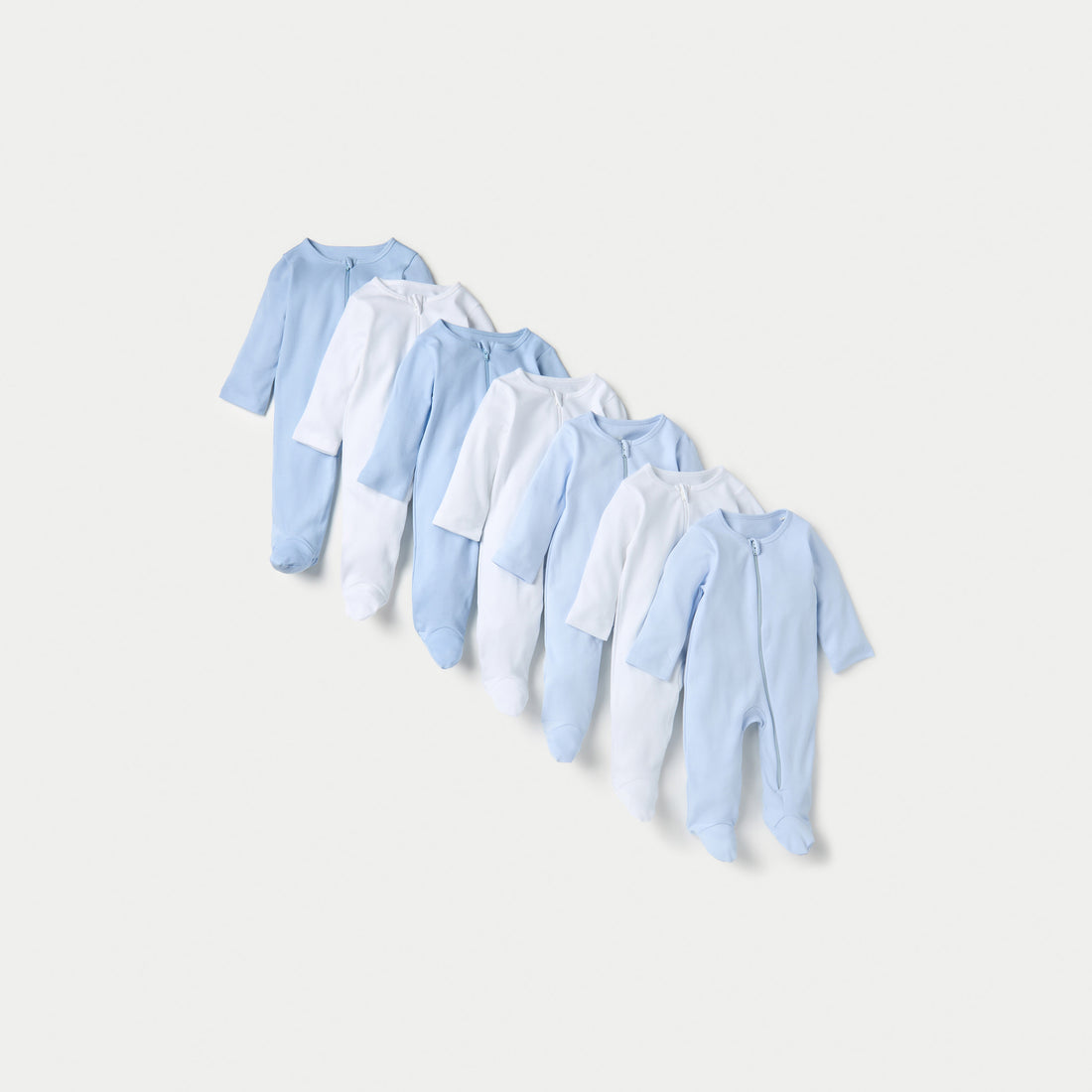 Juniors Solid Sleepsuit with Long Sleeves and Zip Closure - Set of 7 - Blue / 12-18 mths