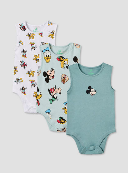 Pack of 3 Disney Crew Neck Sleeveless Bodysuit with Mickey Mouse and Friends Print-baby-boys-clothing-bodysuits-image-1