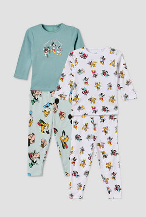 Pack of 2 Disney Cotton Crew Neck Long Sleeves Pyjama Set with Mickey Mouse and Friends Print