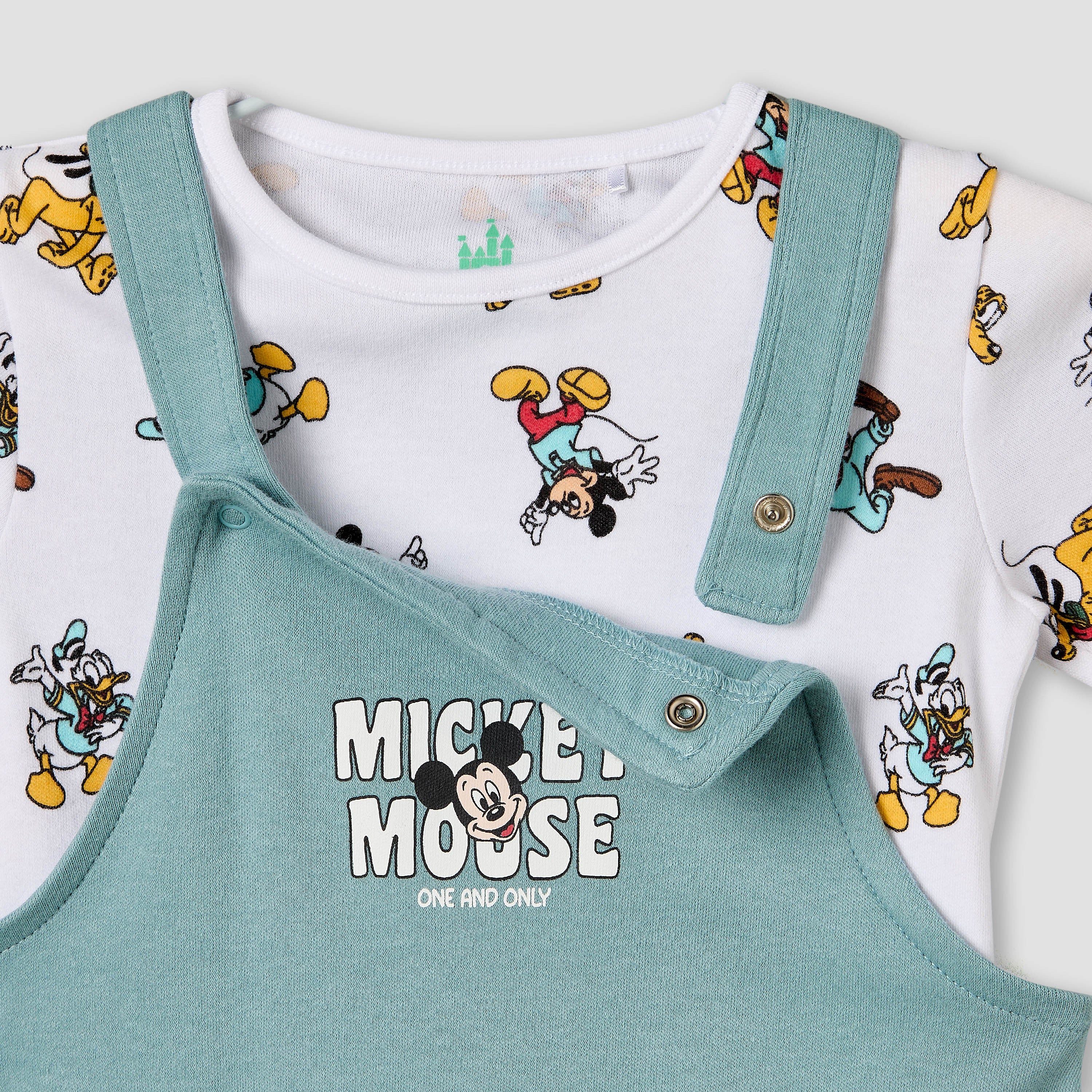 Disney Crew Neck Short Sleeves T-shirt and Dungaree Set with Mickey Mouse and Friends Print