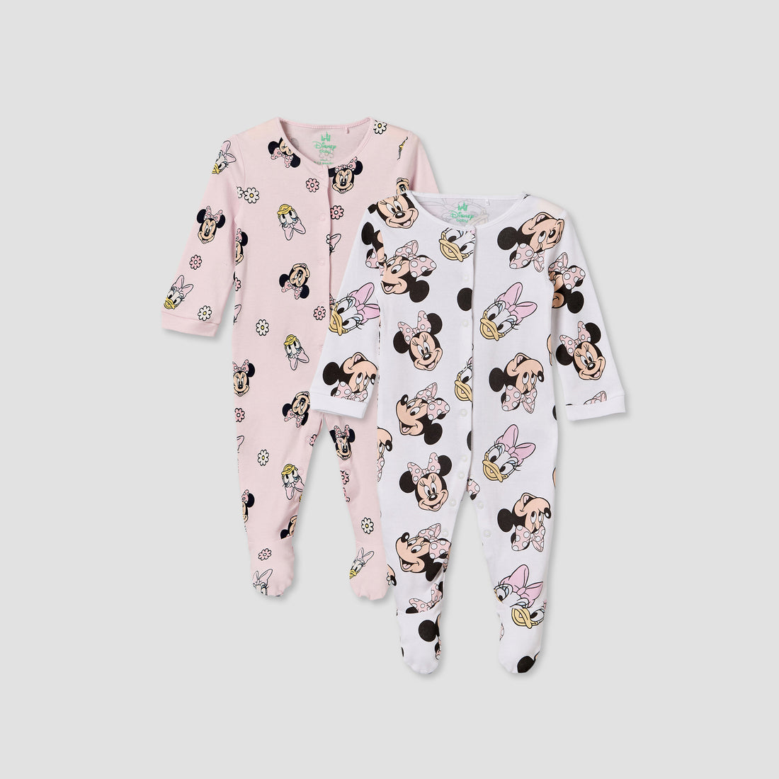 Pack of 2 Disney Cotton Crew Neck Long Sleeves Sleepsuit with Minnie Mouse Print - Pink / 9-12 mths