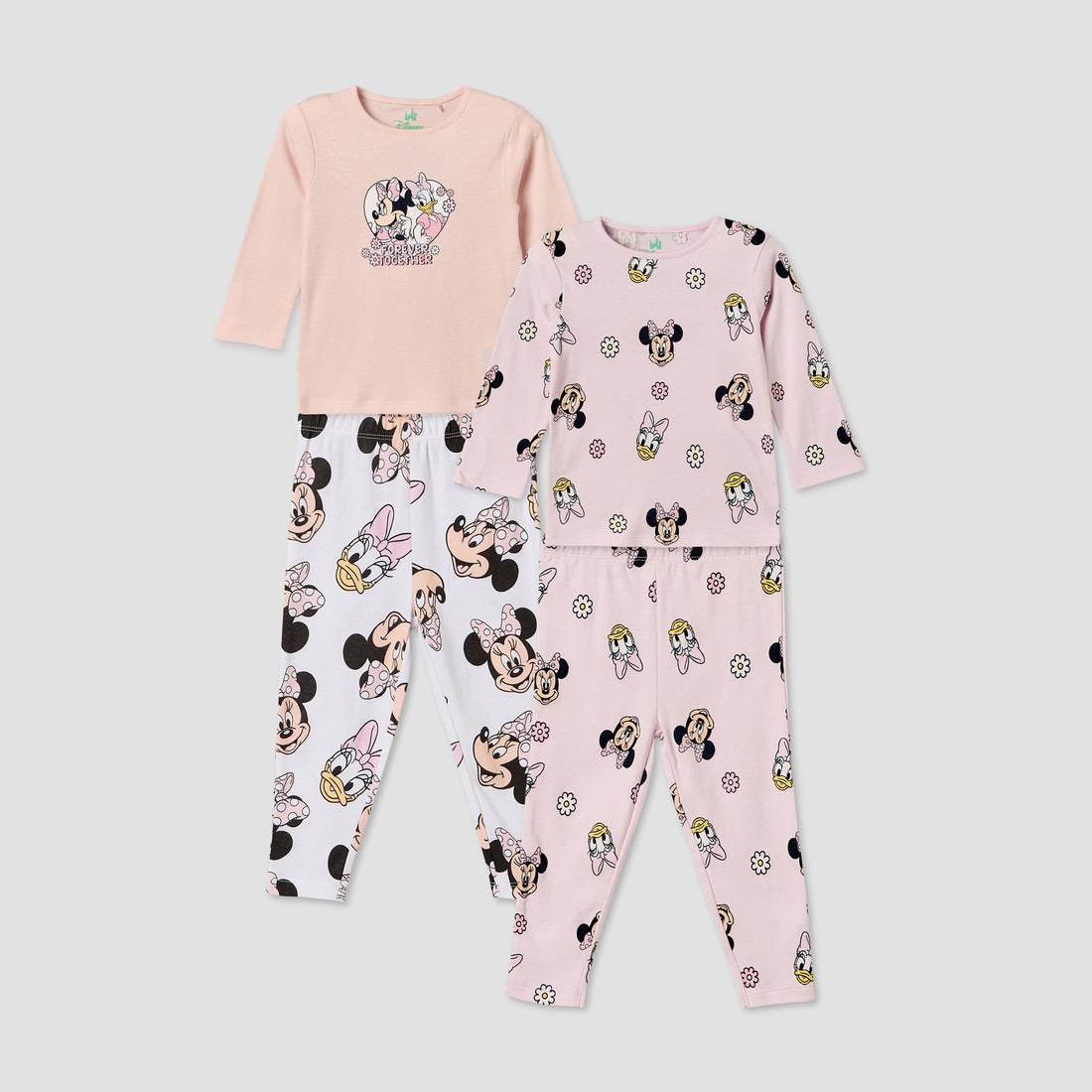 Pack of 2 Disney Cotton Crew Neck Long Sleeves Pyjama Set with Minnie Mouse and Daisy Duck Print