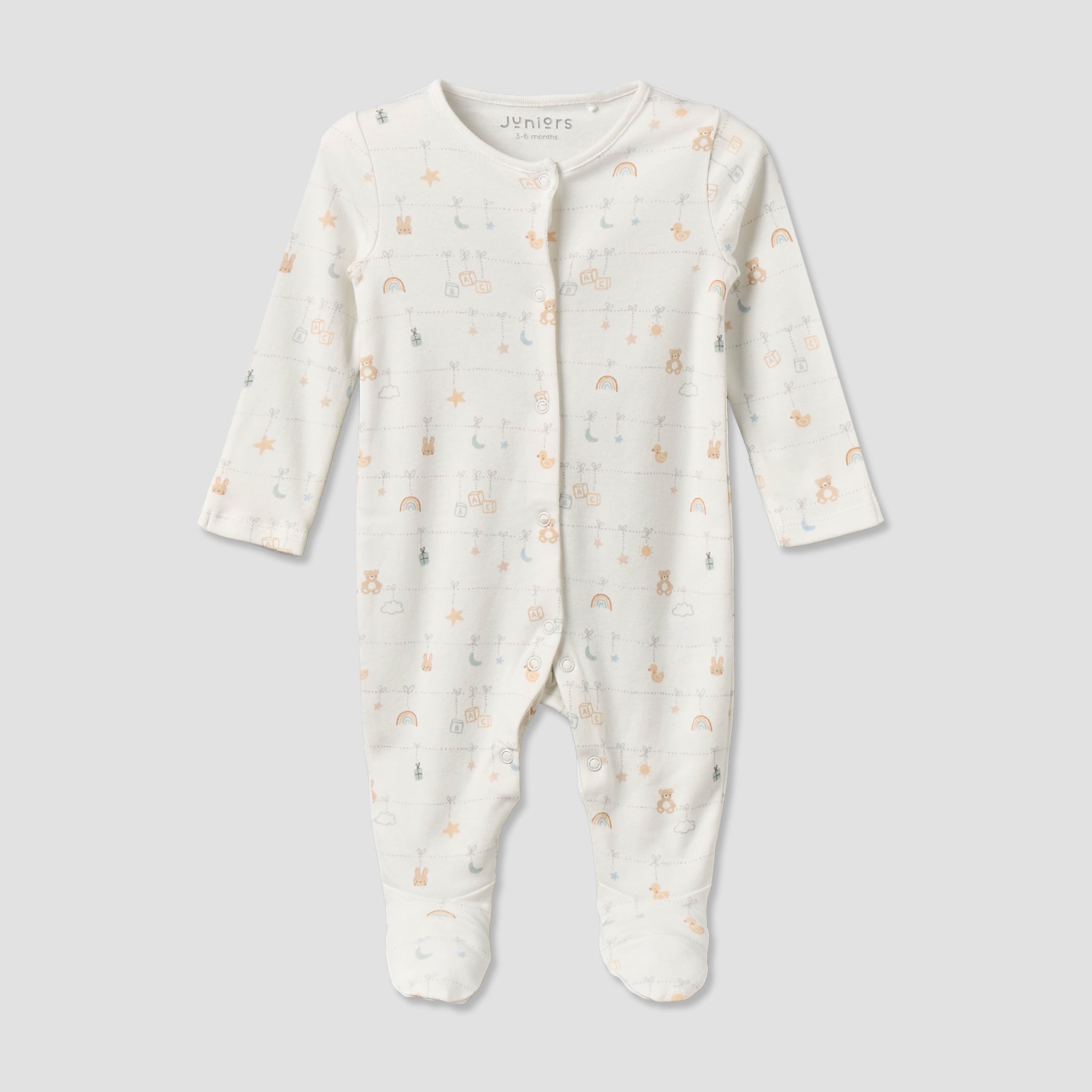 Pack of 2 Juniors Cotton Round Neck Long Sleeves Sleepsuit with Snap Button Closure