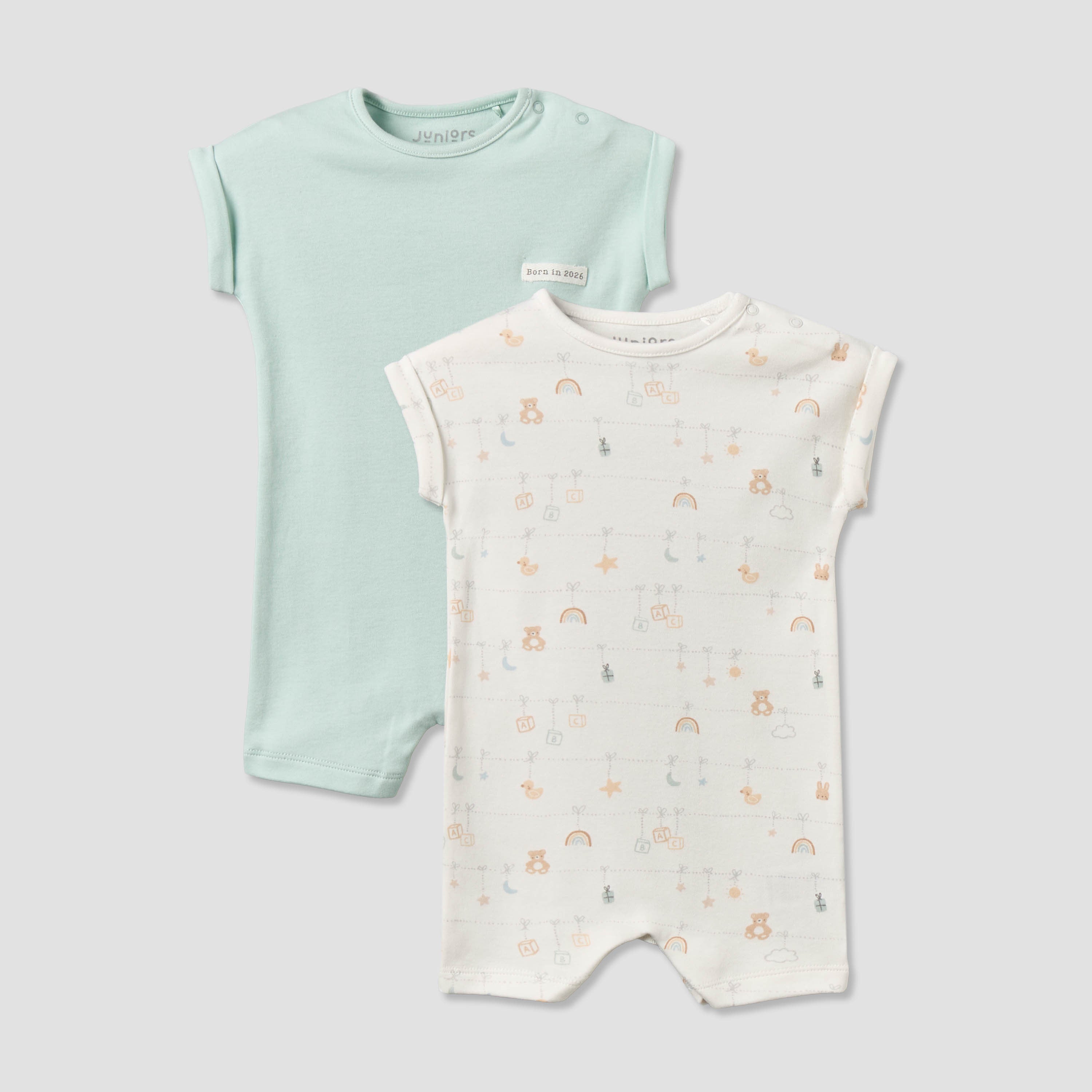 Pack of 2 Juniors Round Neck Short Sleeves Romper with Snap Button Closure - Multicolour / 0-3 mths