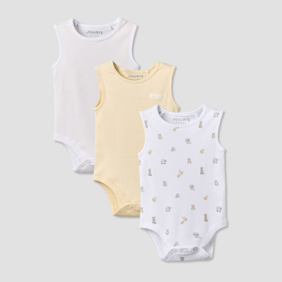 Pack of 3 Juniors Round Neck Sleeveless Bodysuit with Snap Button Closure - Yellow / 3-6 mths