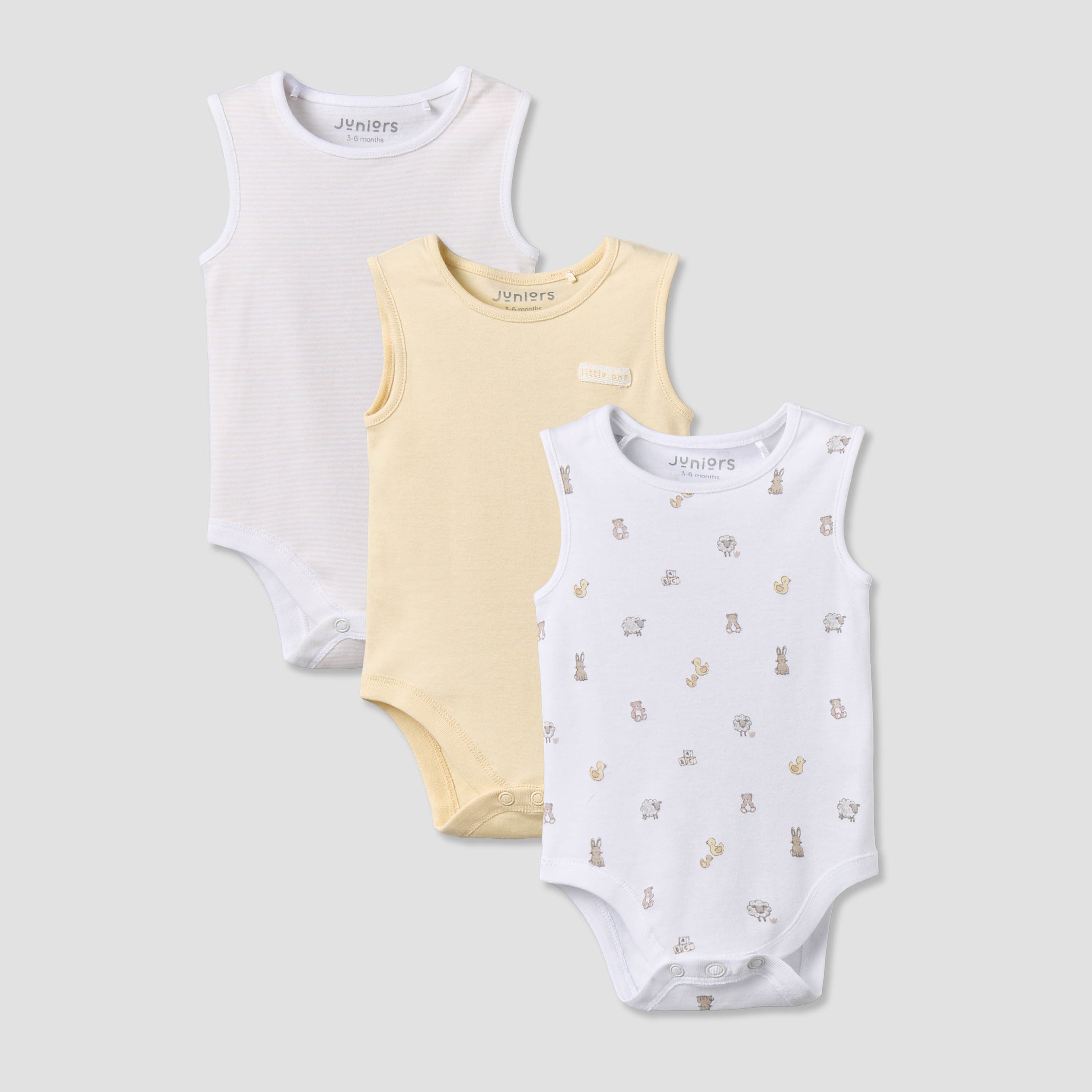 Pack of 3 Juniors Round Neck Sleeveless Bodysuit with Snap Button Closure - Yellow / 3-6 mths