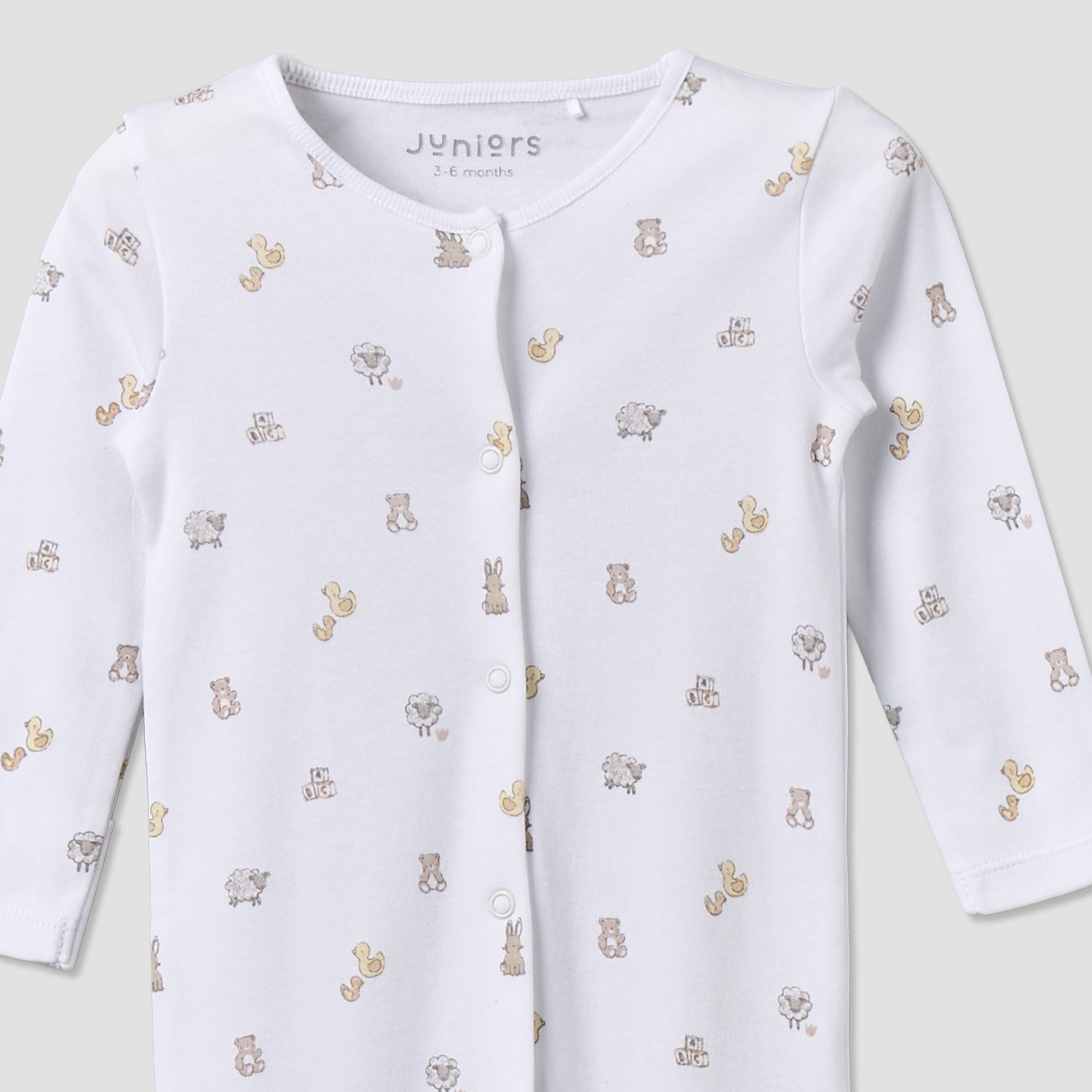 Pack of 2 Juniors Cotton Round Neck Long Sleeves Sleepsuit with Snap Button Closure
