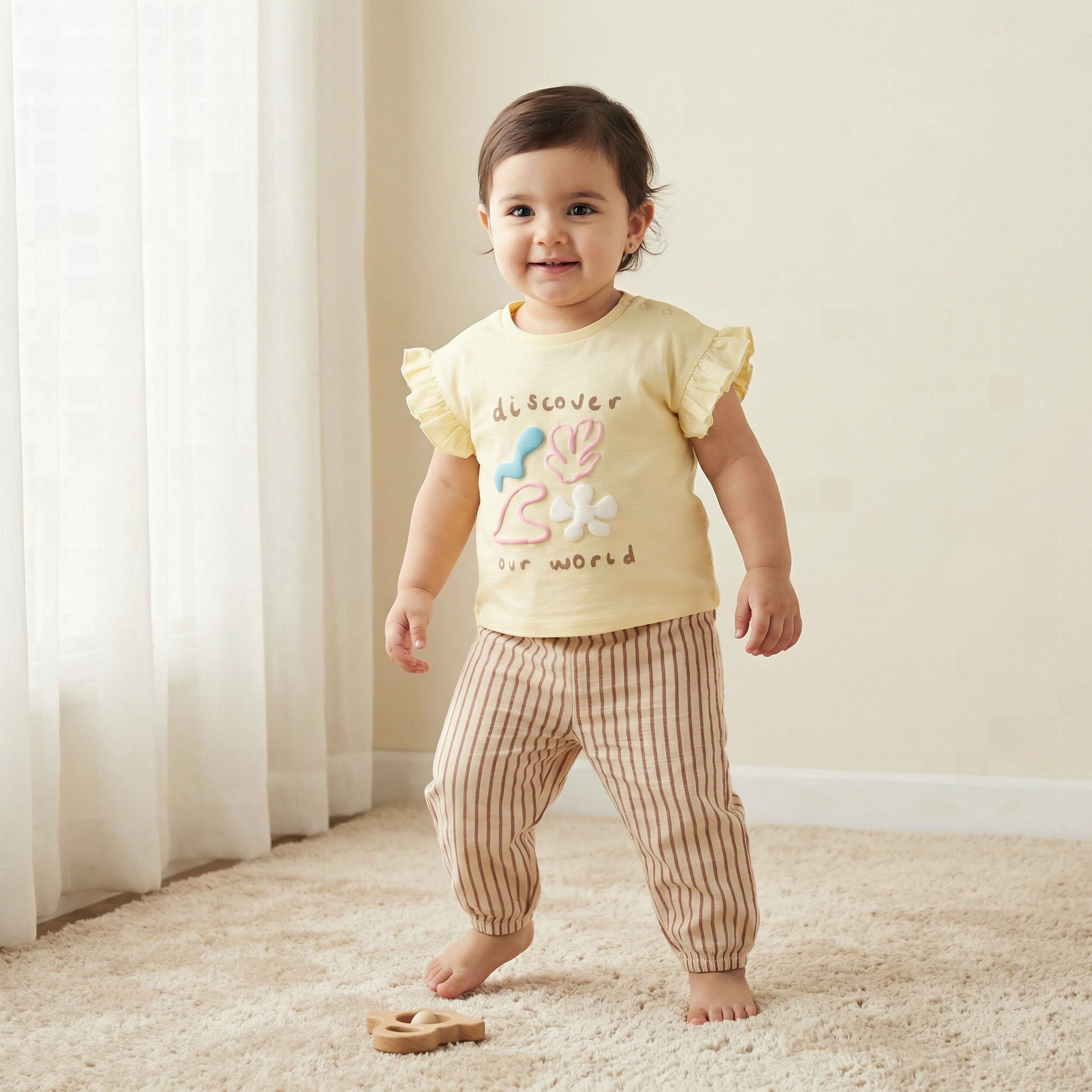 Juniors Cotton Round Neck Short Sleeves Pyjama Set with Stripes - Yellow / 18-24 mths