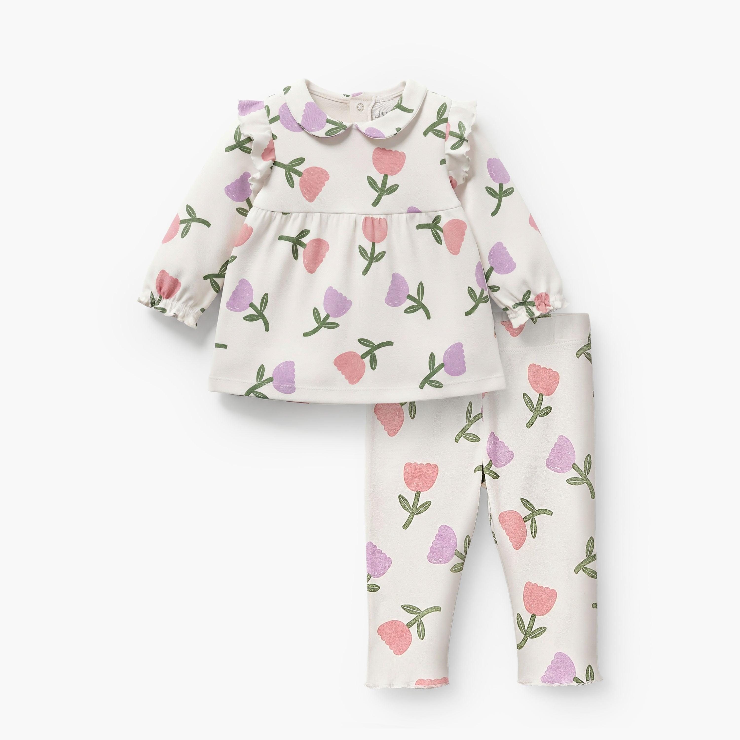 Juniors Cotton Peter Pan Collar Long Sleeves Pyjama Set with Floral Print - White / 12-18 mths