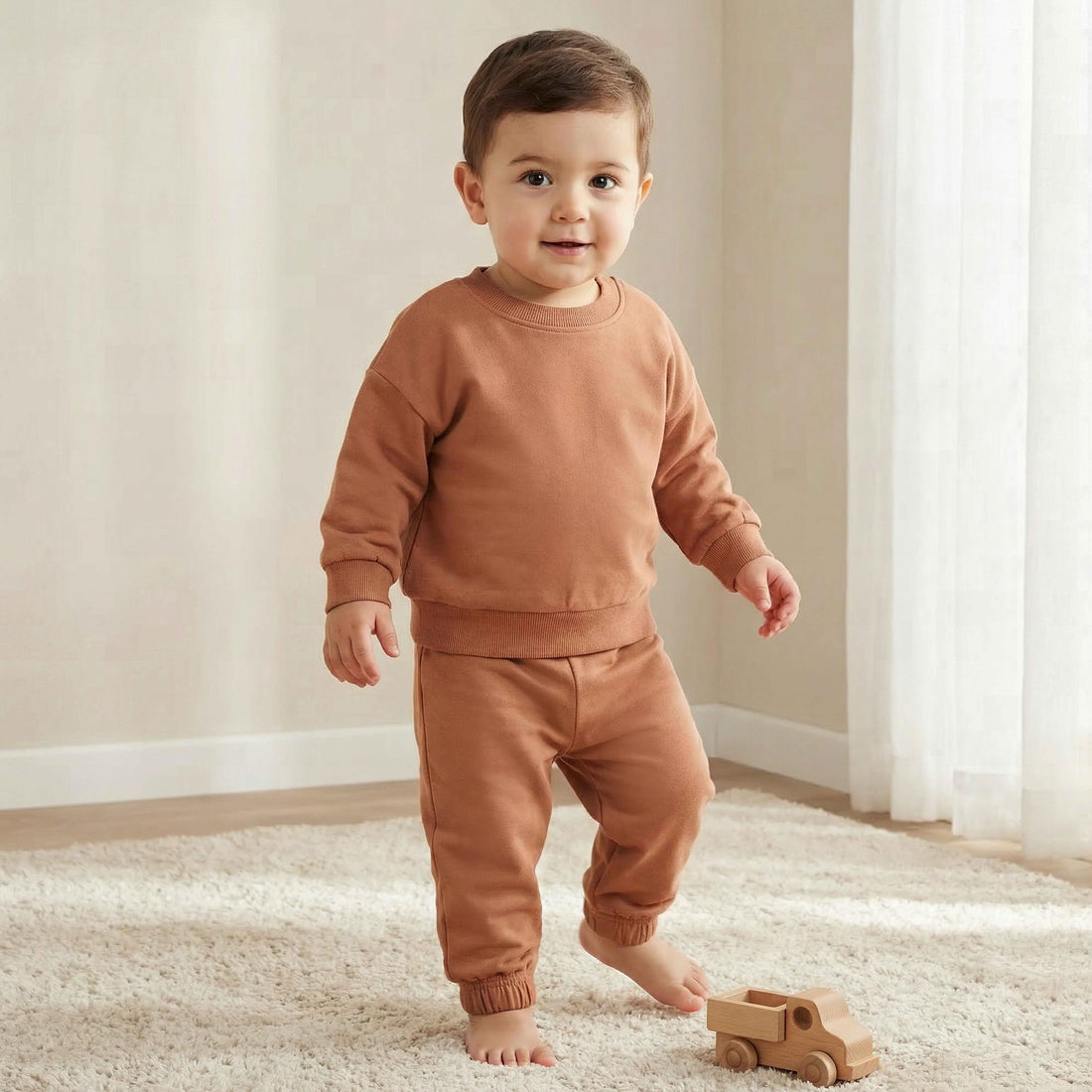 Juniors Solid Long Sleeve Sweatshirt and Pyjama Set - Brown / 18-24 mths